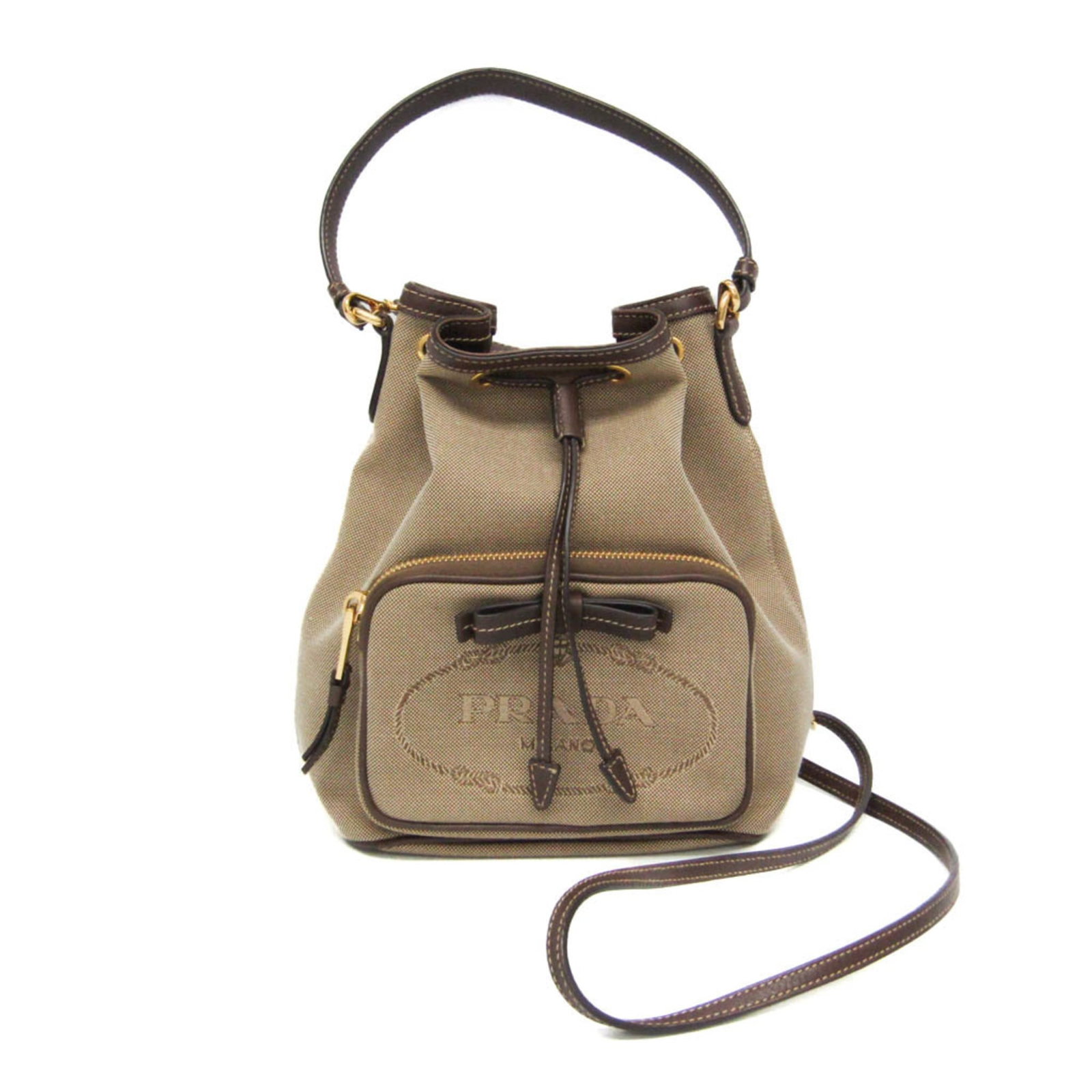 Handbag Leather Jacquard Shoulder Prada: Handbag Leather Jacquard Shoulder Prada Prada's Handbag Leather Jacquard Shoulder Bag boasts a rich, beige brown and dark brown color combination. The bag features a zipper pocket, string closure,
