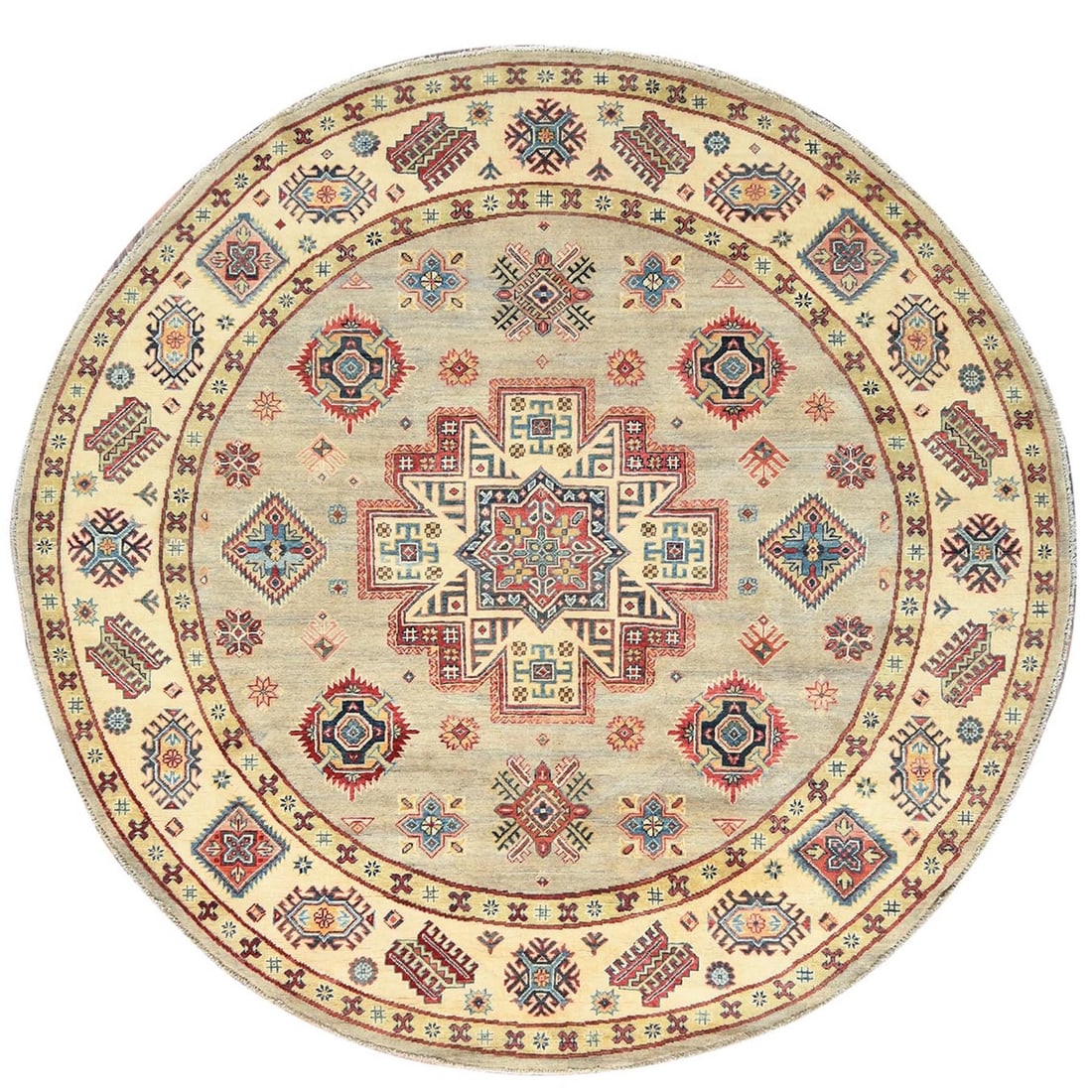 8'x7'9" Pale Goldenrod Special Kazak Wool Hand Knotted Oriental Rug: 8'x7'9" Pale Goldenrod Special Kazak Wool Hand Knotted Oriental Rug Pale Goldenrod Special Kazak Wool Hand Knotted Oriental Rug boasts a stunning yellow field with intricate regional design, expertly