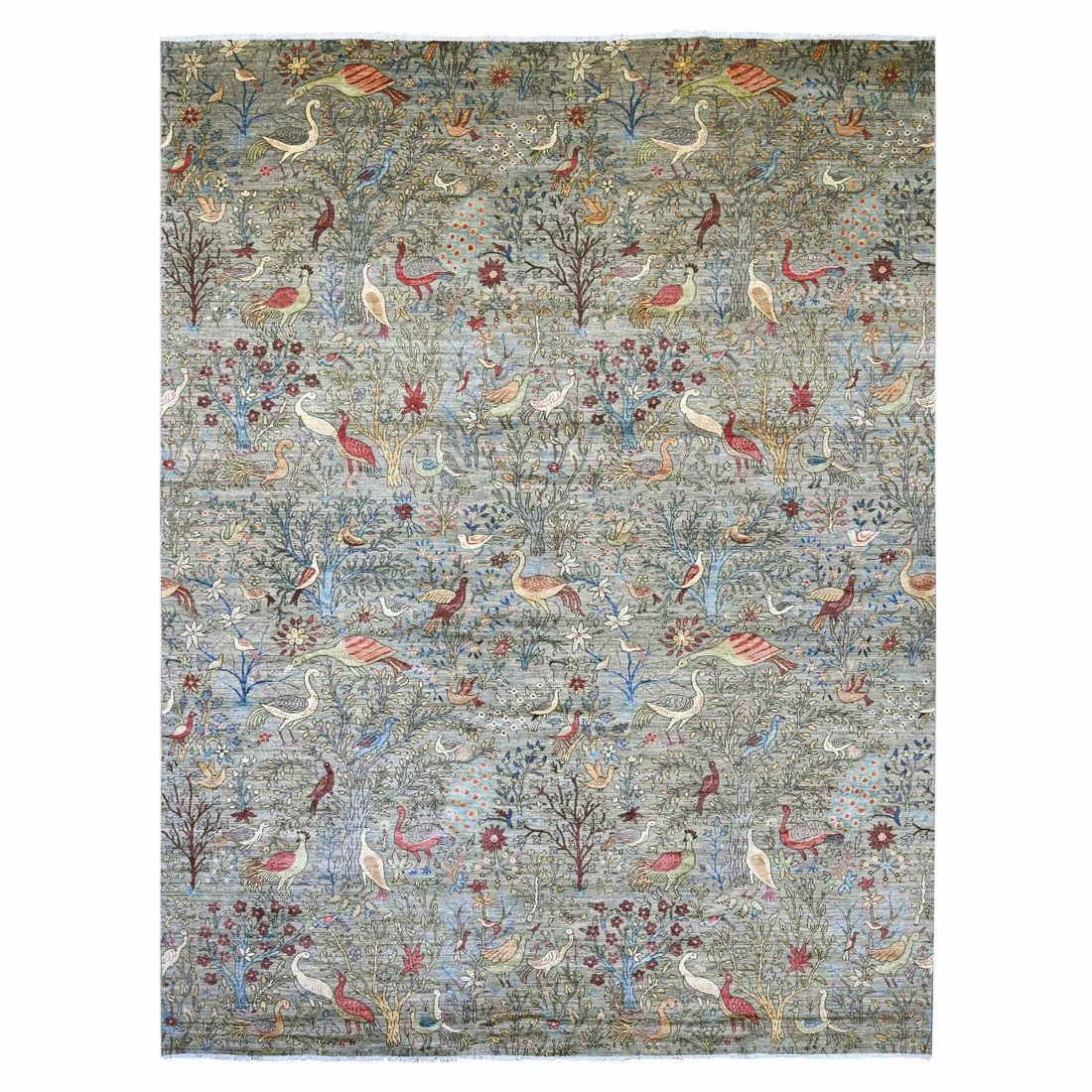 12'x15'7" Gray Peshawar Birds of Paradise Design Soft Wool Hand Knotted XL: 12'x15'7" Gray Peshawar Birds of Paradise Design Soft Wool Hand Knotted XL This stunning 12'x15'7" Gray Peshawar Birds of Paradise Design Soft Wool Hand Knotted XL rug boasts a striking grey color