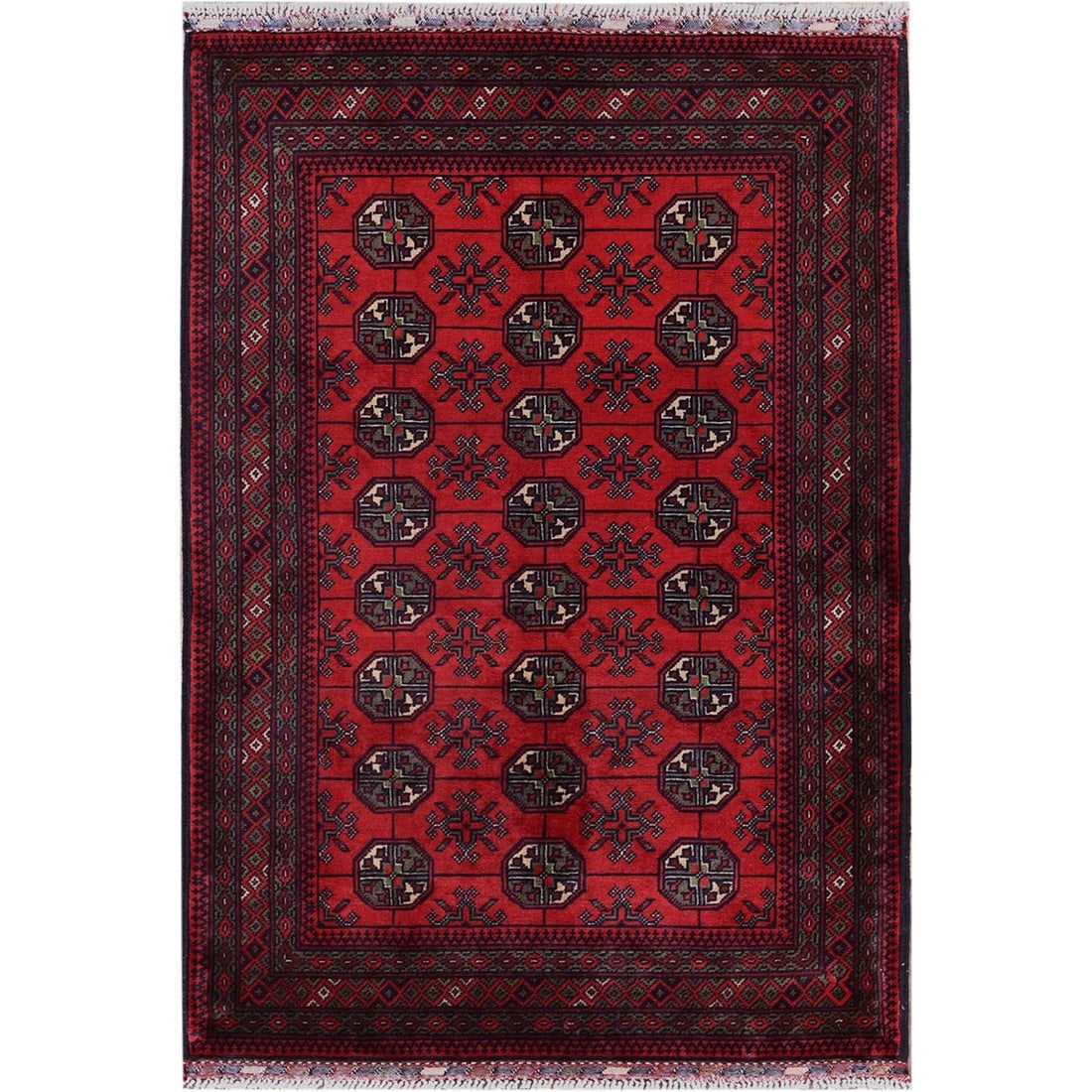 2'9"x4'4" Red Princess Bokara Geometric Design Wool Hand Knotted Sample Rug: 2'9"x4'4" Red Princess Bokara Geometric Design Wool Hand Knotted Sample Rug Red Princess Bokara Geometric Design Wool Hand Knotted Sample Rug, measuring 2'9"x4'4" in size, showcases a striking geometr