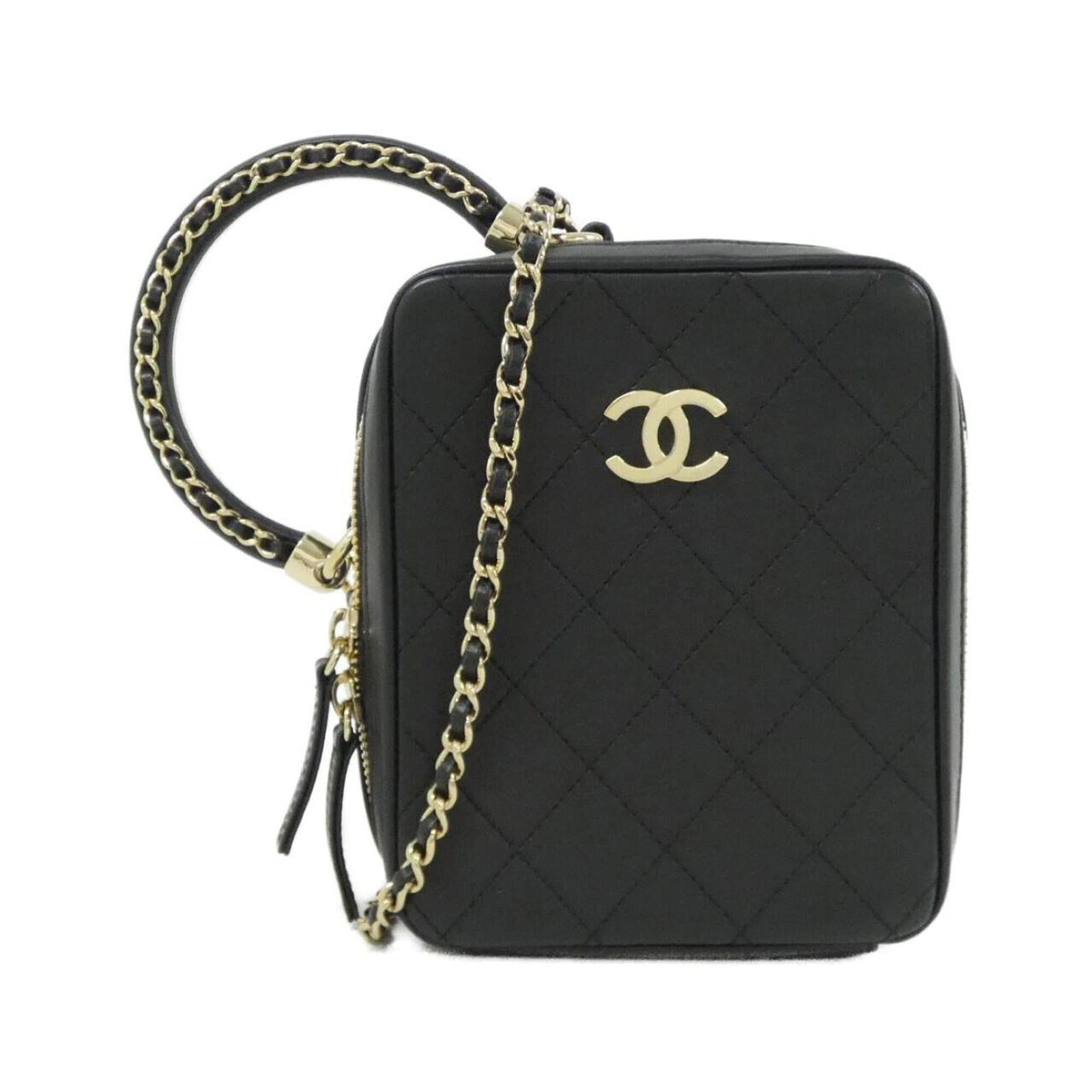 Chanel Handbag Leather: Chanel Handbag Leather Black Calfskin Leather Chanel Handbag with Gold Hardware. This used handbag features a classic design and premium leather material, bearing some minor scratches and dirt. In