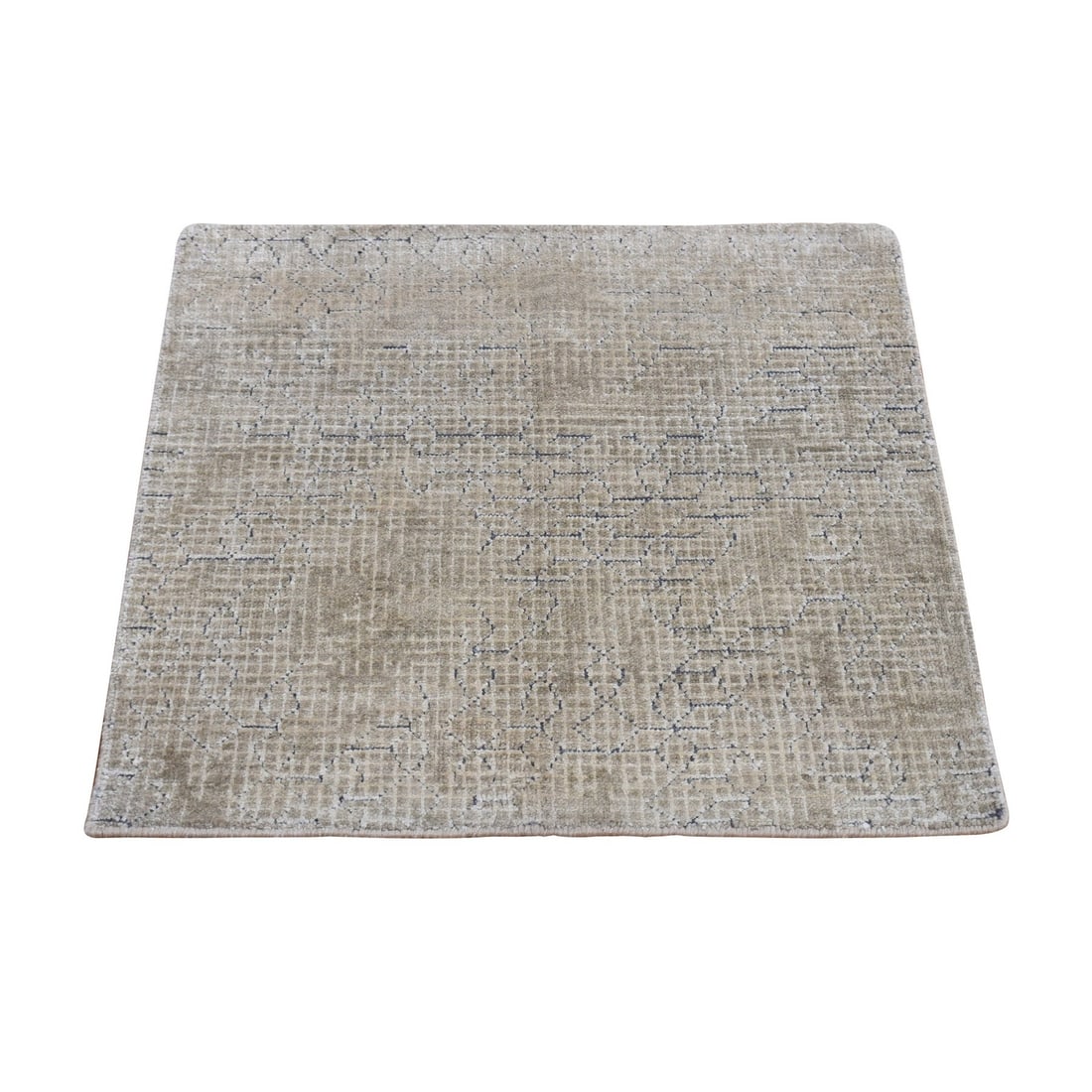 2'x2'3" White Pure Silk Broken and Erased Design Hand Knotted Sample Rug: 2'x2'3" White Pure Silk Broken and Erased Design Hand Knotted Sample Rug This 2'x24" hand-knotted silk rug features an intricate broken and erased design, showcasing the beauty of traditional