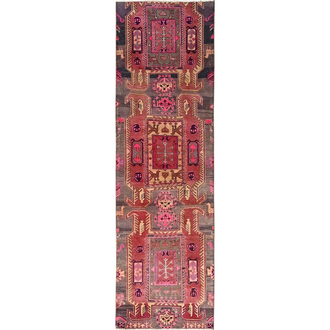 2'8"x9'2" Pink Vintage Northwest Zoroastrian 100% Wool Hand Knotted Runner: 2'8"x9'2" Pink Vintage Northwest Zoroastrian 100% Wool Hand Knotted Runner This stunning 2'8"x9'2" pink vintage Northwest Zoroastrian hand-knotted wool runner boasts an all-over regional design,
