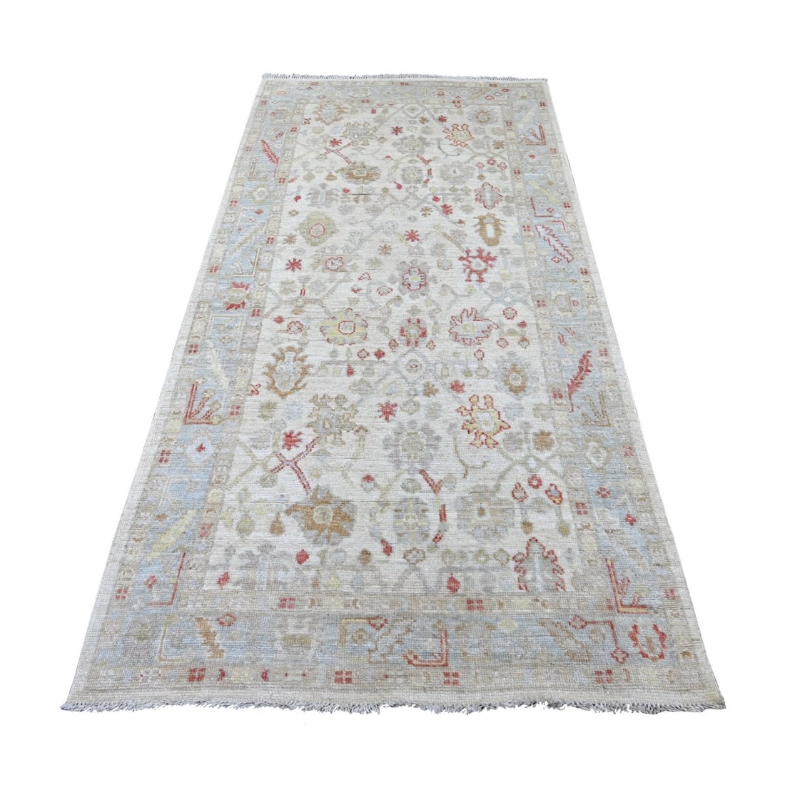 4'x8'3" Ivory Hand Knotted Angora Oushak Leaf Design Wool Runner Rug: 4'x8'3" Ivory Hand Knotted Angora Oushak Leaf Design Wool Runner Rug The Oushak Leaf Design Wool Runner Rug boasts an exquisite ivory color and intricate floral pattern, carefully hand-knotted with