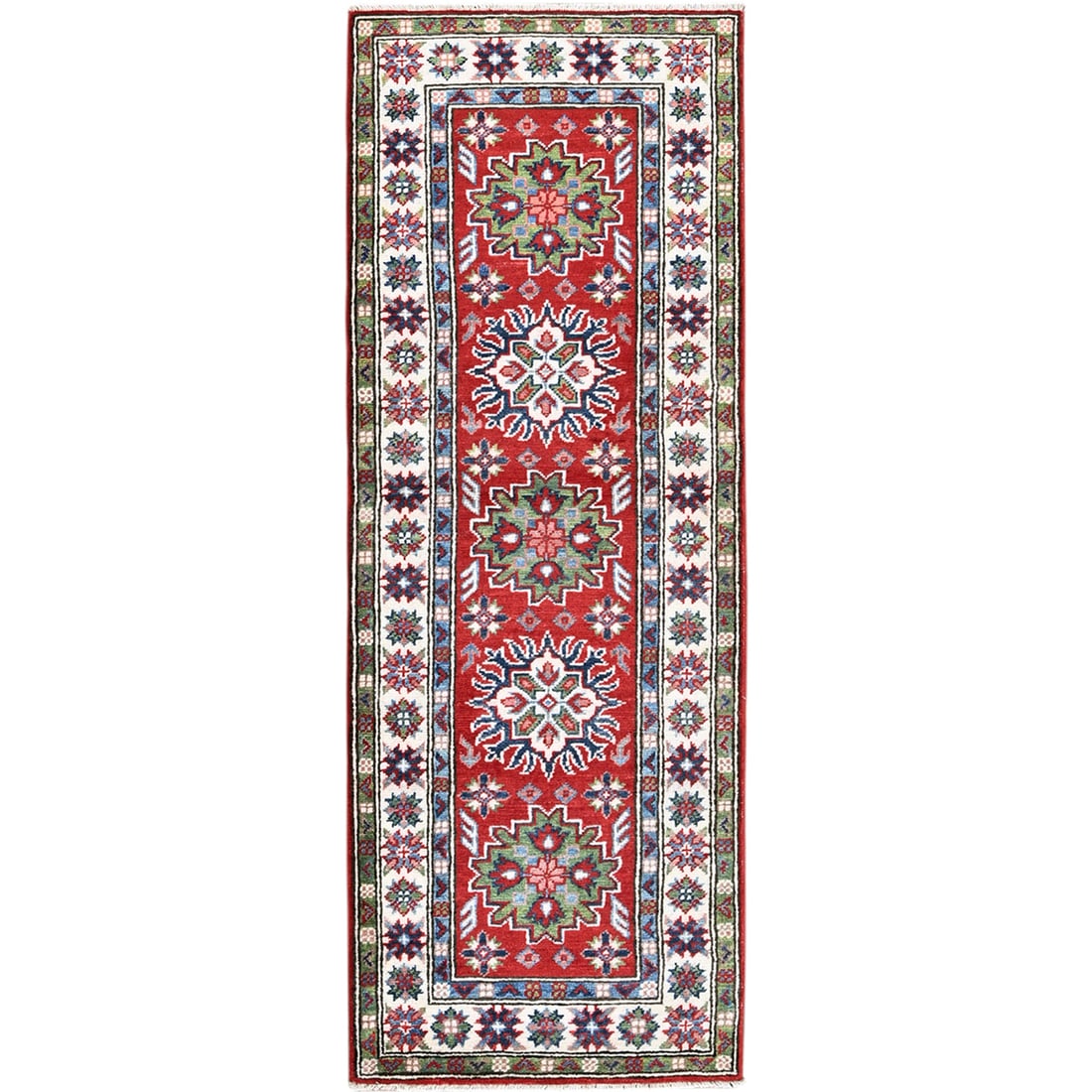 2'1"x6' Red Kazak with Tribal Design Hand Knotted Soft Wool Runner Rug: 2'1"x6' Red Kazak with Tribal Design Hand Knotted Soft Wool Runner Rug Soft wool and vibrant red hues come together in this stunning hand-knotted Kazak runner rug, featuring an intricate tribal design