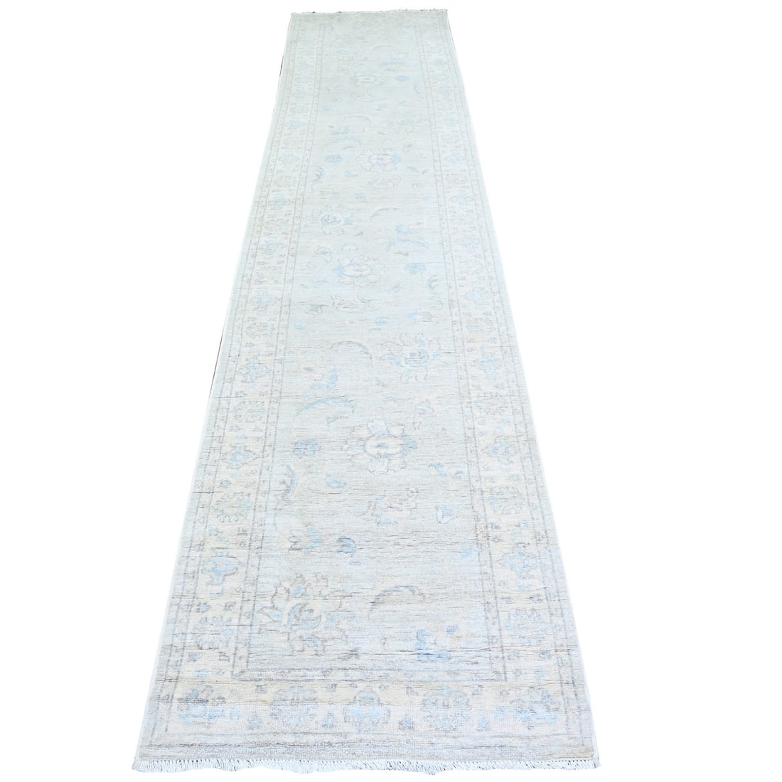 2'8"x12'2" Gray Peshawar Washed Out Faded Wool Hand Knotted Oriental Rug: 2'8"x12'2" Gray Peshawar Washed Out Faded Wool Hand Knotted Oriental Rug The 2'8"x12'2" Gray Peshawar Washed Out Faded Wool Hand Knotted Oriental Rug boasts a stunning, soft gray color and intricate r