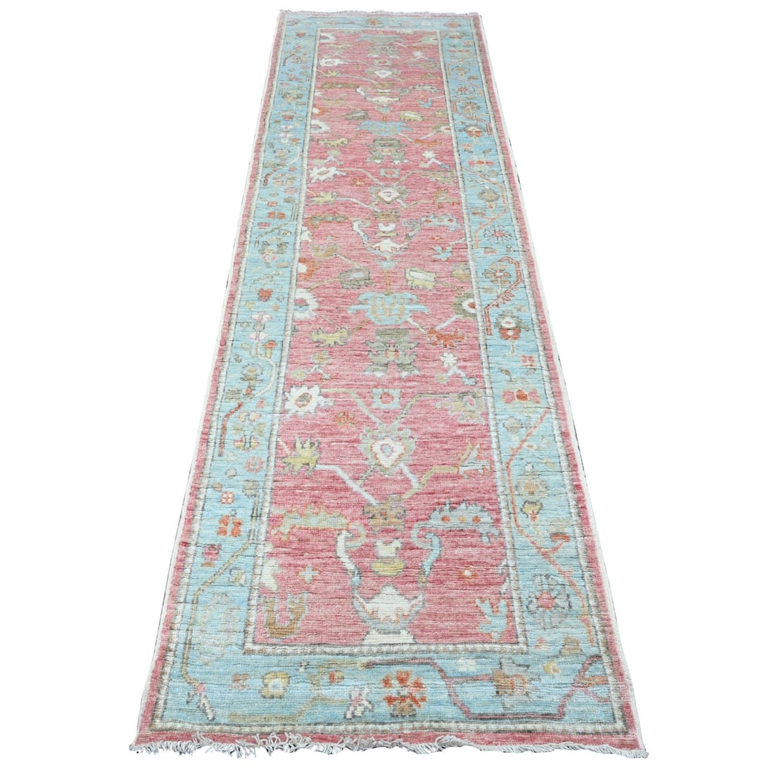 2'9"x9'5" Pink Angora Oushak Vines Design Wool Hand Knotted Runner Rug: 2'9"x9'5" Pink Angora Oushak Vines Design Wool Hand Knotted Runner Rug The Oushak Vines Design Wool Hand Knotted Runner Rug boasts a stunning pink hue, intricately woven with wool in an oriental regio