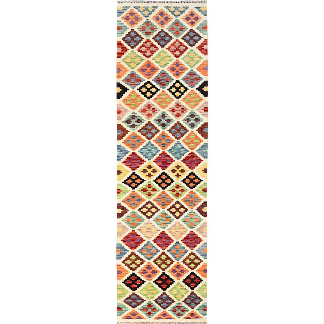 2'7"x10'1" Colorful Afghan Kilim 100% Wool Rug Flat Weave Hand Woven Runner: 2'7"x10'1" Colorful Afghan Kilim 100% Wool Rug Flat Weave Hand Woven Runner This vibrant, hand-woven Afghan kilim rug boasts a striking multi-colored design and measures 2'7" x 10'1". Made from 100%