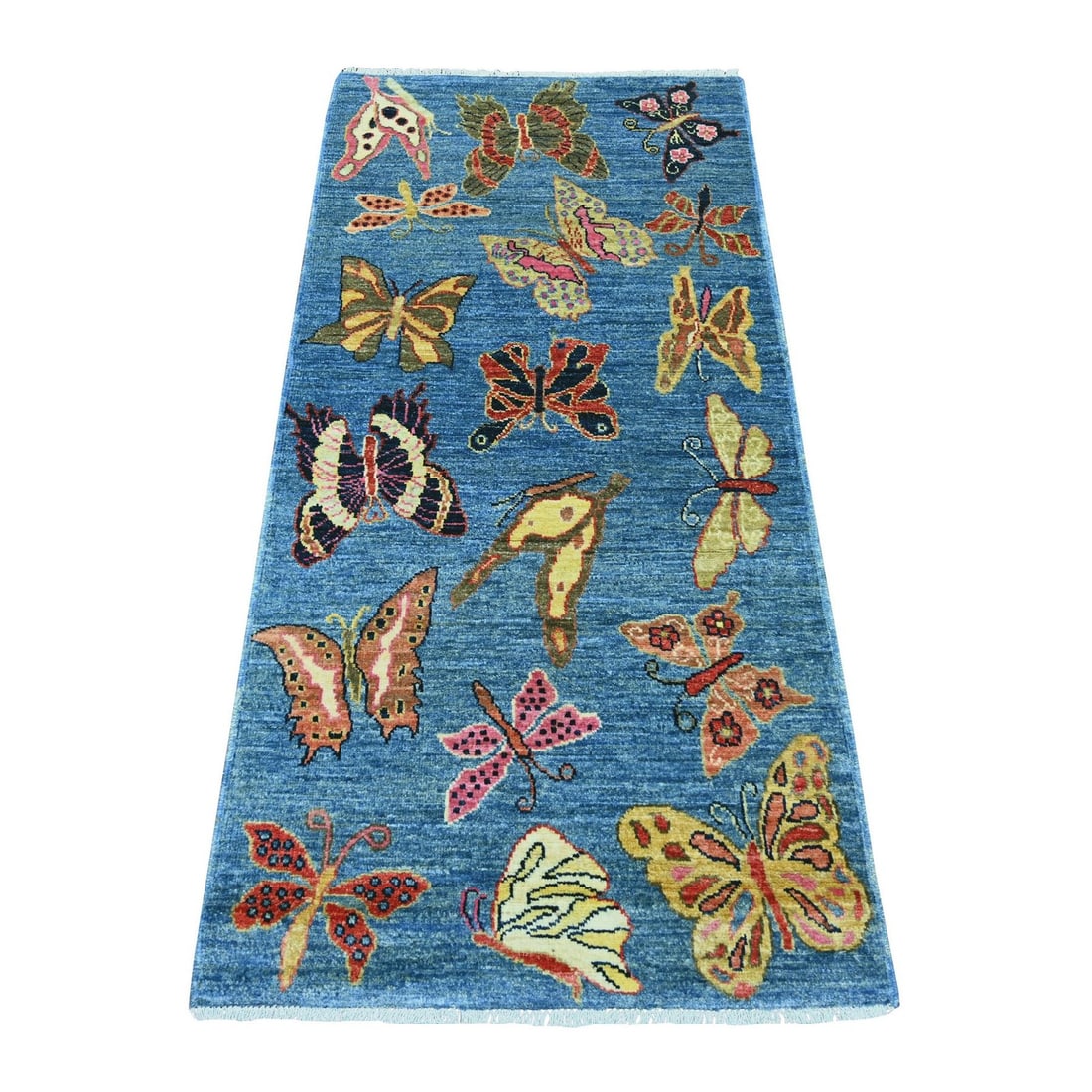 2'8"x5'8" Blue Hand Knotted Peshawar Butterfly Design Soft Wool Runner Rug: 2'8"x5'8" Blue Hand Knotted Peshawar Butterfly Design Soft Wool Runner Rug The Peshawar Butterfly Design Soft Wool Runner Rug boasts a stunning blue field with intricate hand-knotted details,