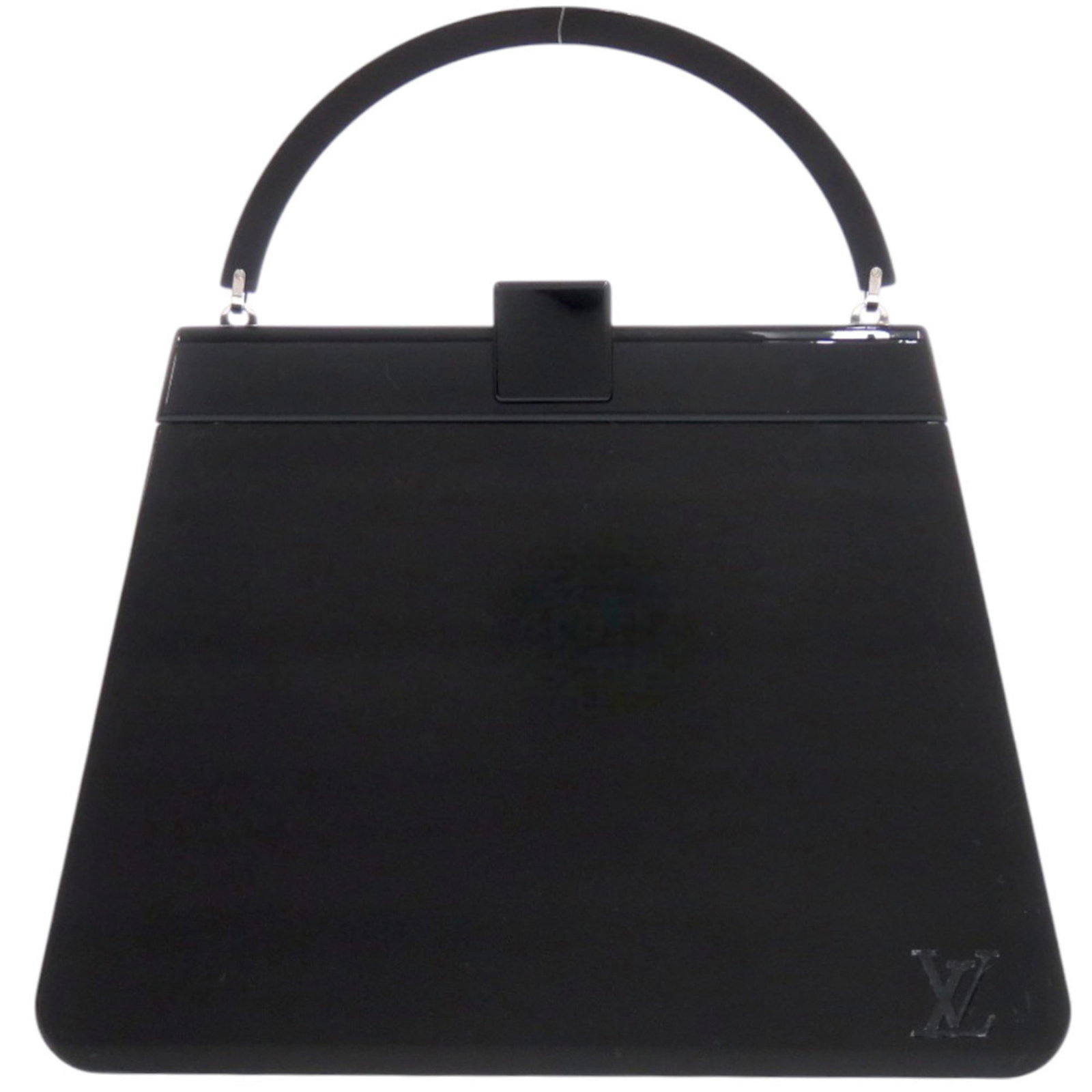 Plastic Leather Handbag Louis Vuitton: Plastic Leather Handbag Louis Vuitton Black Plastic Leather Louis Vuitton Handbag with Silver Hardware, Measuring 19cm x 26cm x 5.3cm, in Very Good Condition. This handbag features a unique blend of