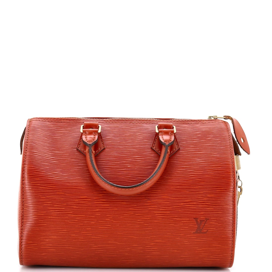 Epi leather speedy handbag by Louis Vuitton: Epi leather speedy handbag by Louis Vuitton The Epi leather Speedy handbag by Louis Vuitton boasts a rich, brown exterior with heavy corner wear and edge wear, adding a touch of vintage charm. Measuri