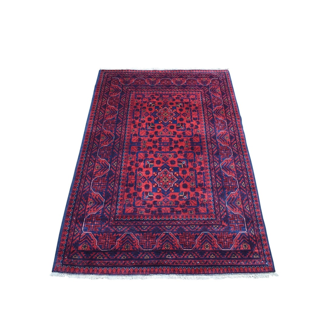 3'3"x5' Tribal Design Wool Red Afghan Khamyab Hand Knotted Oriental Rug: 3'3"x5' Tribal Design Wool Red Afghan Khamyab Hand Knotted Oriental Rug This stunning 3'3"x5' Afghan hand-knotted wool rug boasts an intricate tribal design in rich red hues, perfectly capturing the e