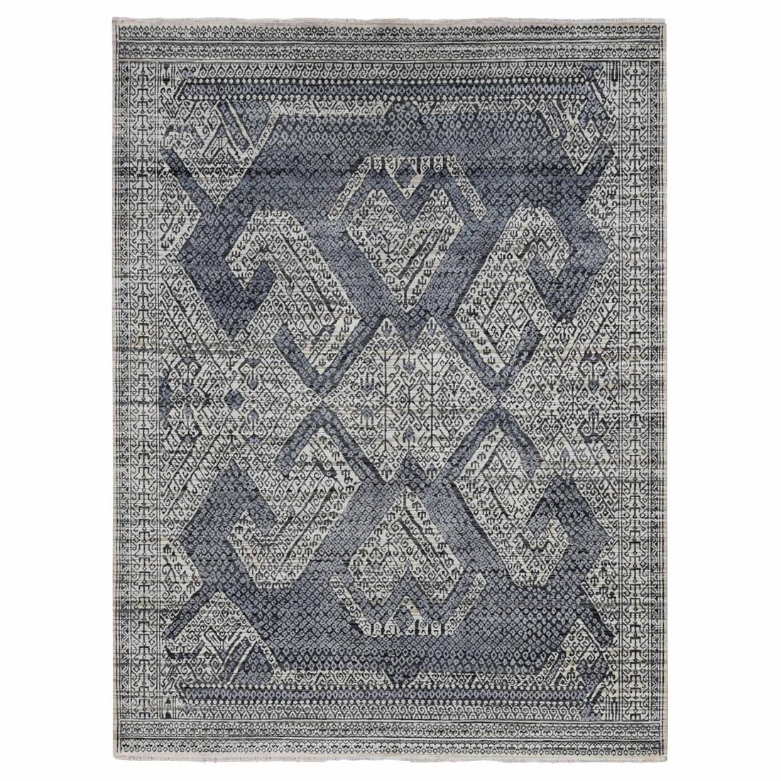 9'x12'3" Vista White Hand Knotted Pure Silk Small Repetitive Design Rug: 9'x12'3" Vista White Hand Knotted Pure Silk Small Repetitive Design Rug This stunning 9'0" x 12'3" hand-knotted pure silk rug boasts an elegant oriental design in a beautiful ivory color. Featuring a 