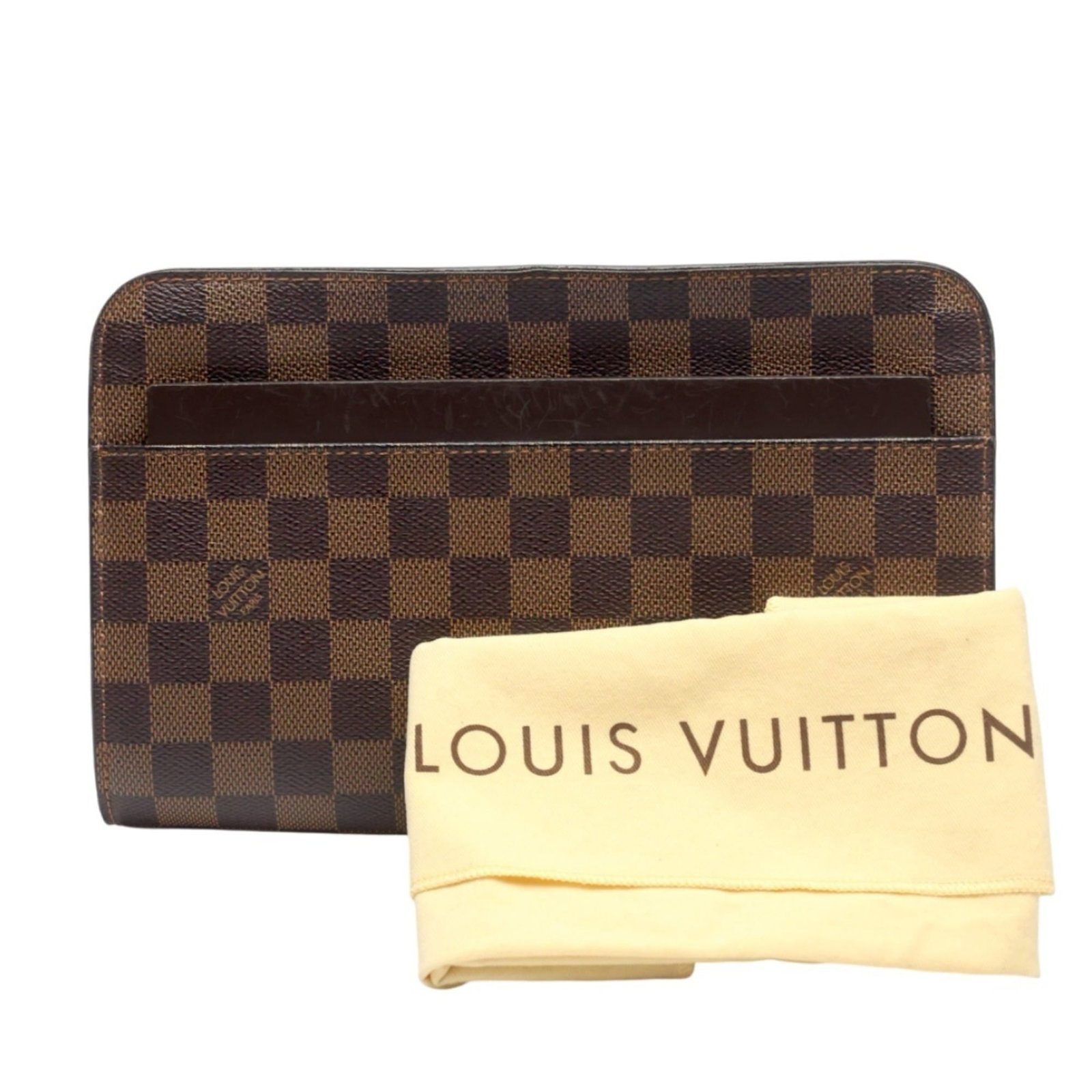 Canvas bag clutch damier by Louis Vuitton: Canvas bag clutch damier by Louis Vuitton Damier canvas pattern adds visual interest to this classic Louis Vuitton clutch bag. Made from durable brown damier canvas, the bag features a sturdy zipper
