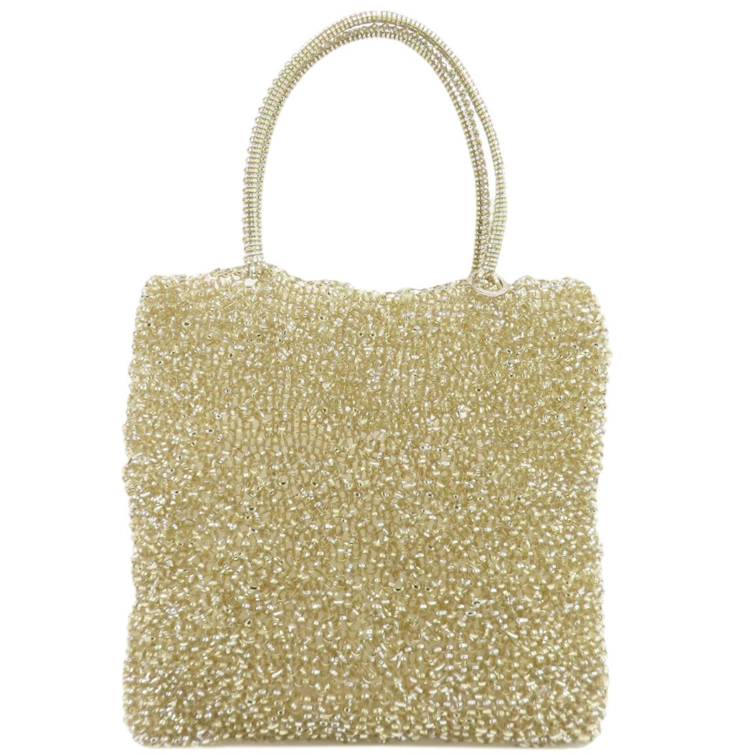 PVC wire bag handbag anteprima: PVC wire bag handbag anteprima Gold PVC wire bag handbag with an eye-catching design. This unique piece features a gold exterior made from PVC, showcasing its distinctive material and style. The