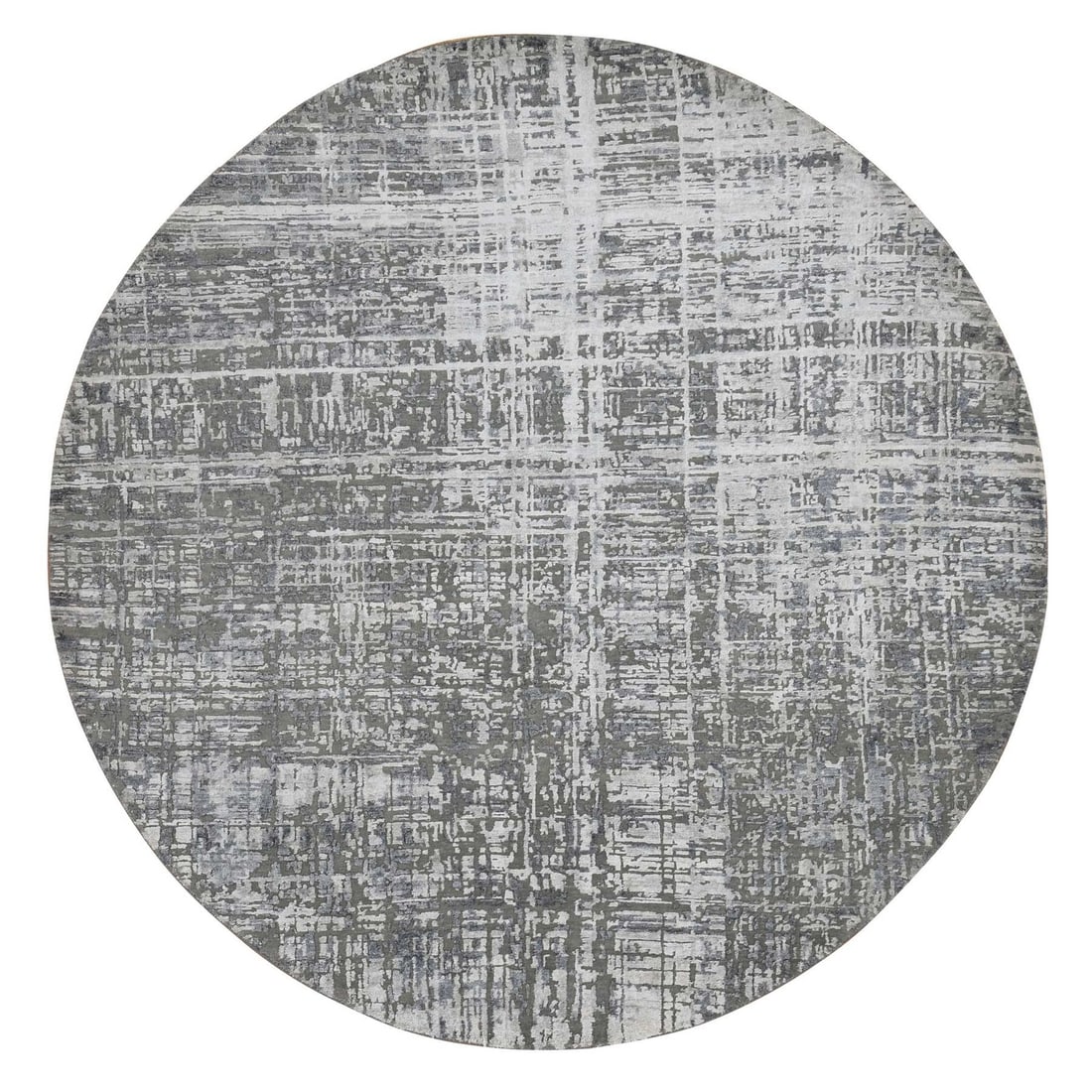 10'3"x10'3" Gray Wool and Silk Abstract Design Hand Knotted Round Rug (1 of 7)