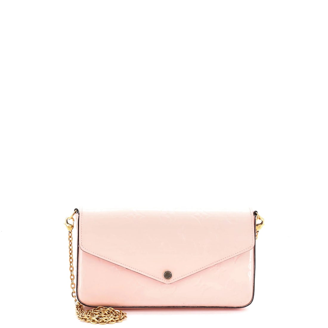 Vuitton Epi Leather Felicie Pochette Louis: Vuitton Epi Leather Felicie Pochette Louis Patent leather exterior, pink color. Cross body design with card holder pochette and adjustable strap. Measures 22" handle drop, 4.5" height, 8" width, 2"