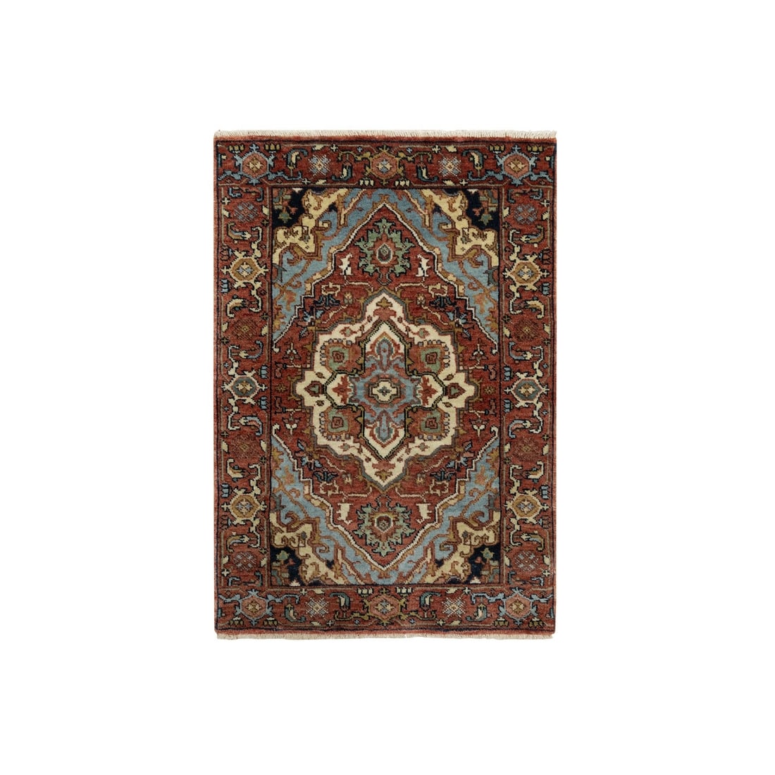 2'x3'2" Red Antiqued Fine Heris Re-Creation Wool Hand Knotted Mat Rug: 2'x3'2" Red Antiqued Fine Heris Re-Creation Wool Hand Knotted Mat Rug The Red Antiqued Fine Heris Re-Creation Wool Hand Knotted Mat Rug boasts an intricate, hand-knotted design in rich red hues, evoki