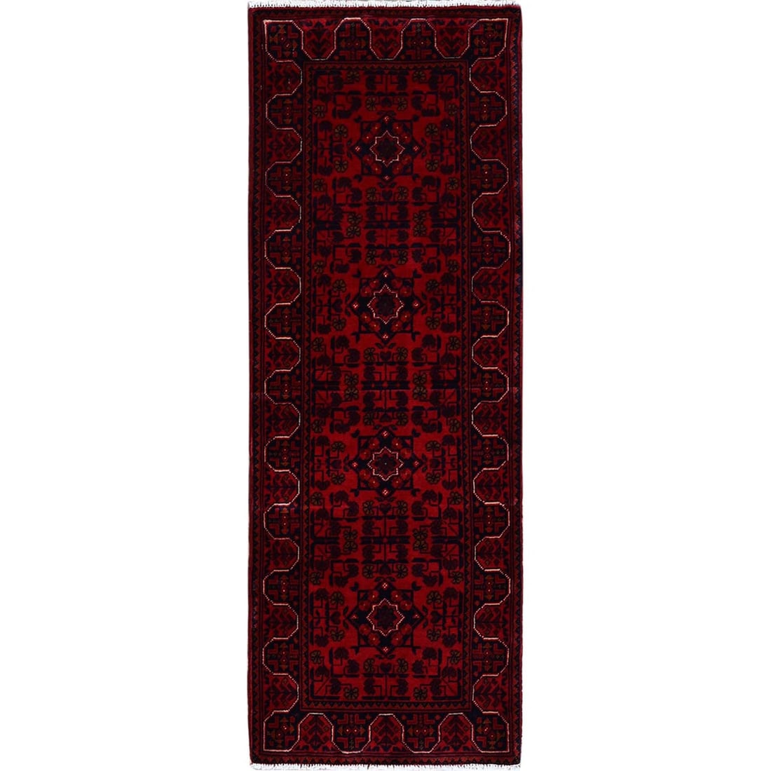 1'8"x4'9" Red Afghan Khamyab Geometric Pattern Hand Knotted Wool Runner Rug: 1'8"x4'9" Red Afghan Khamyab Geometric Pattern Hand Knotted Wool Runner Rug This stunning Red Afghan Khamyab Geometric Pattern Hand Knotted Wool Runner Rug measures 1'8"x4'9" and boasts a vibrant red