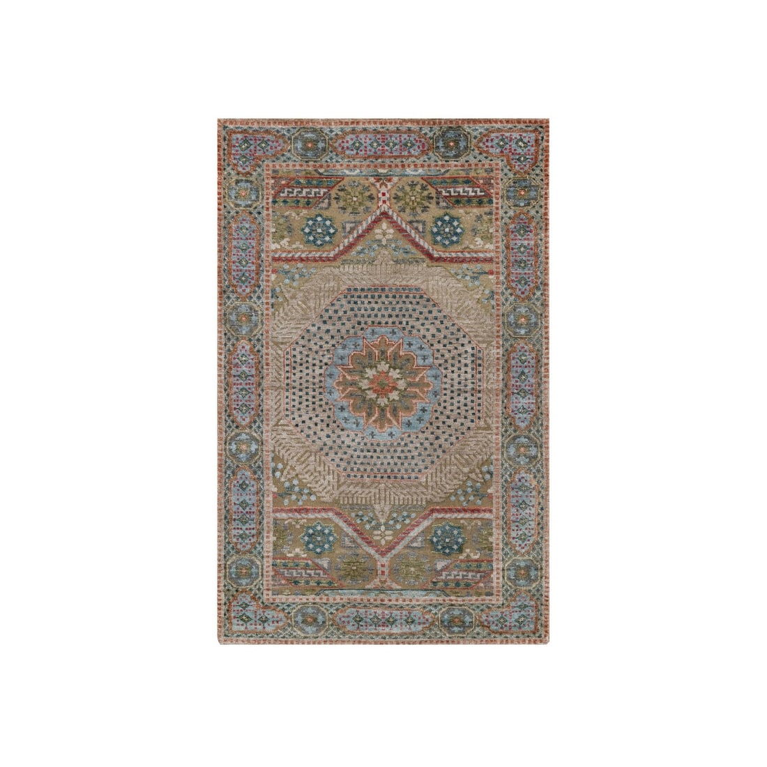 3'2"x5'1" Brown Mamluk Design Textured Wool & Silk Hand Knotted Rug: 3'2"x5'1" Brown Mamluk Design Textured Wool & Silk Hand Knotted Rug The Mamluk design rug boasts a unique blend of textured wool and silk, creating a visually striking geometric pattern in shades of