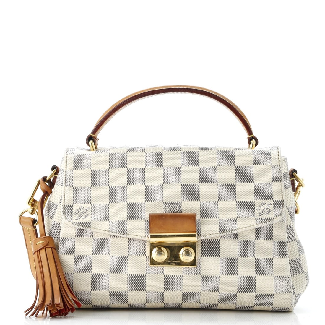 Damier Louis Vuitton Croisette Handbag: Damier Louis Vuitton Croisette Handbag White Damier Louis Vuitton Croisette Cross Body Bag with gold hardware and pink interior, featuring canvas coated exterior with scuffs, edge wear, corner wear,