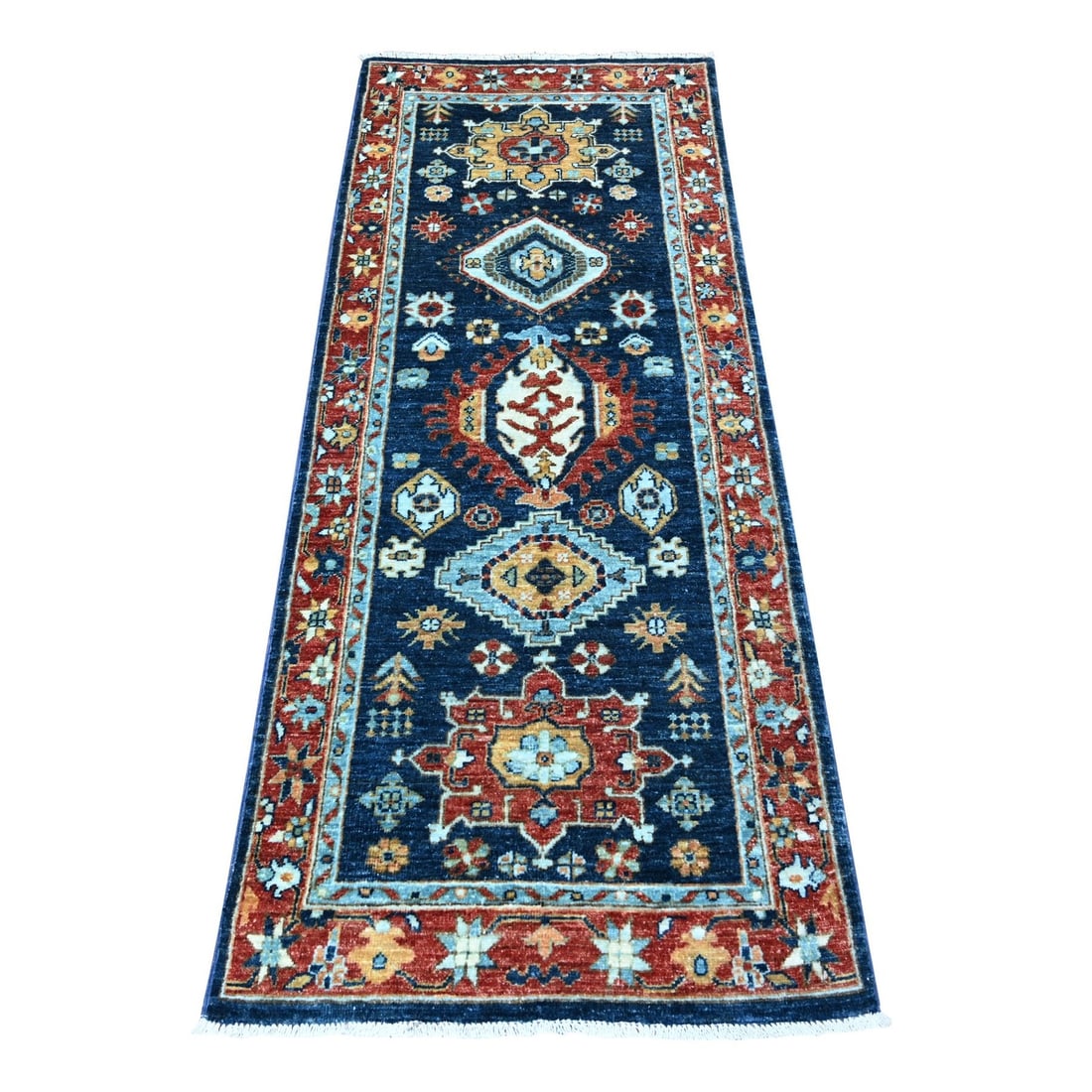 2'6"x6'1" Blue Karajeh Design Pure Wool Fine Aryana Runner Oriental Rug: 2'6"x6'1" Blue Karajeh Design Pure Wool Fine Aryana Runner Oriental Rug The Blue Karajeh Design Pure Wool Fine Aryana Runner Oriental Rug boasts an intricate, hand-knotted design in a stunning blue fi