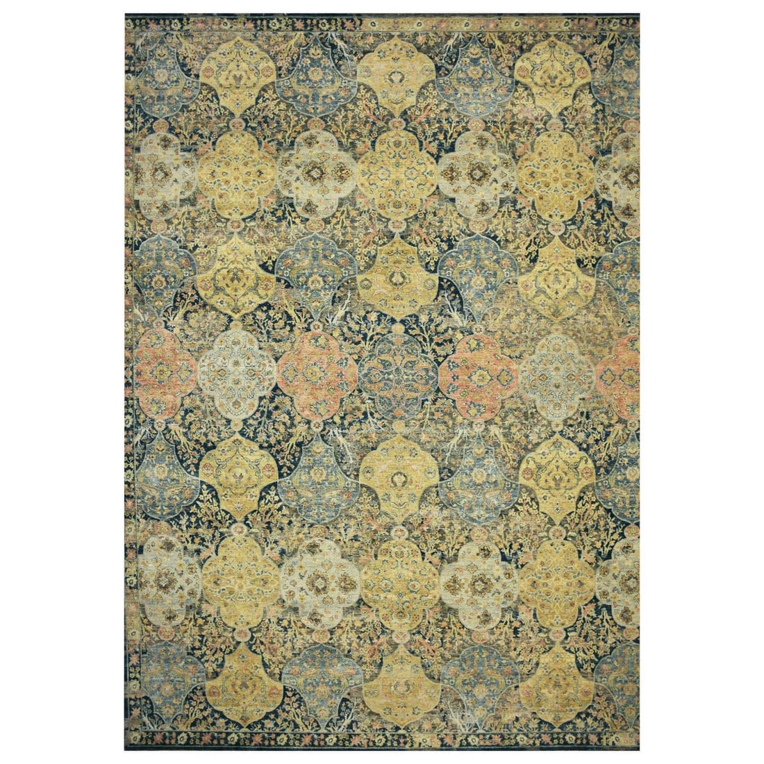 12'x15'7" Black-Yellow Emblem Design All Wool Hand Knotted Oversized Rug: 12'x15'7" Black-Yellow Emblem Design All Wool Hand Knotted Oversized Rug The 12'x15'7" Black-Yellow Emblem Design All Wool Hand Knotted Oversized Rug boasts an impressive size and unique geometric