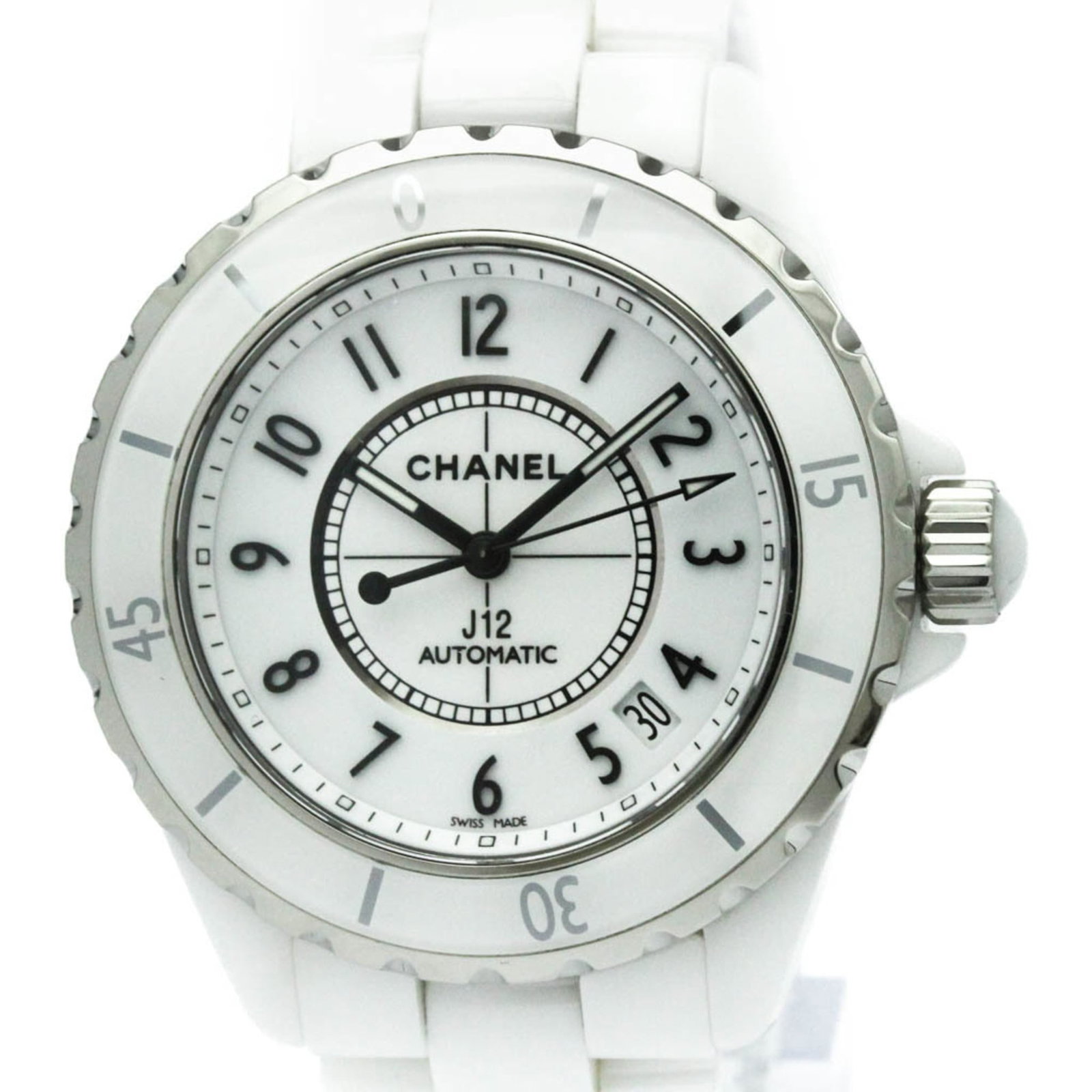Chanel Wristwatch: Chanel Wristwatch Ceramic case and band add a touch of modern sophistication to this Chanel wristwatch, featuring a white dial. The 41mm diameter provides a comfortable fit for everyday wear. A few tr