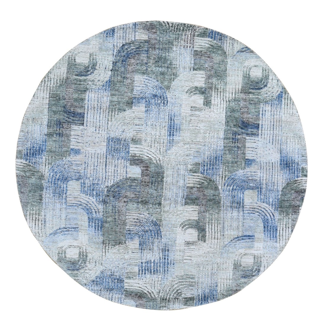 8'x8' THE INTERTWINED PASSAGE, Round Silk & Textured Wool Hand Knotted Rug: 8'x8' THE INTERTWINED PASSAGE, Round Silk & Textured Wool Hand Knotted Rug The Intertwined Passage, an 8'0" x 8'0" round silk and textured wool hand-knotted rug, boasts a stunning blue field with