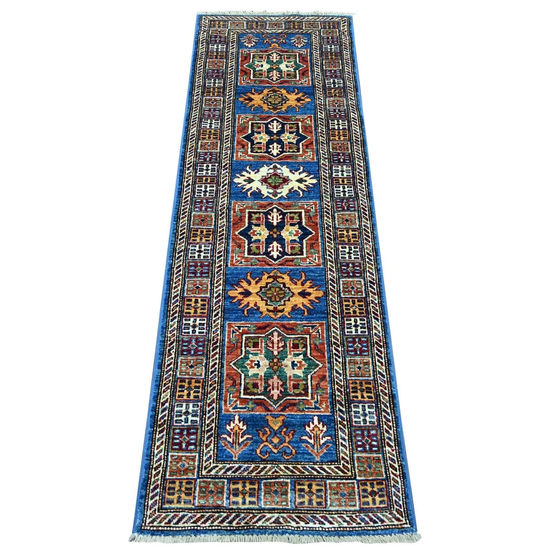 2'x6'3" Blue Afghan Super Kazak Star Design Hand Knotted Wool Runner Rug (1 of 6)