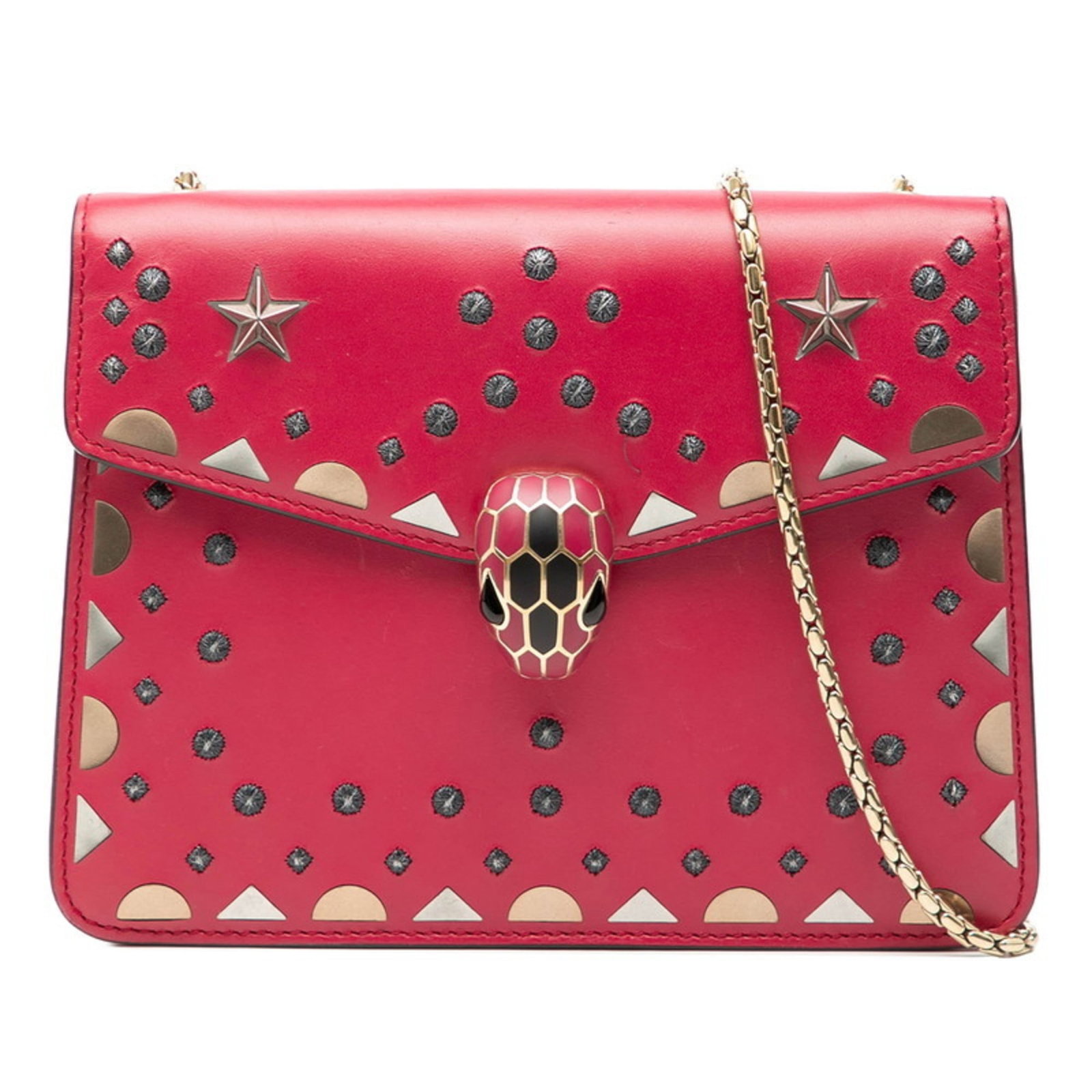 Bvlgari Shoulder Bag Leather: Bvlgari Shoulder Bag Leather Gold and pink leather Bvlgari shoulder bag with visible scratches and dirt, offering a unique look for the discerning collector. Measuring 14.5cm x 19.5cm x 3.5cm, this
