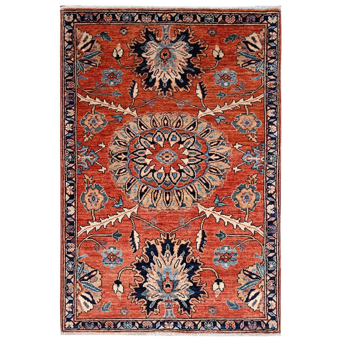 3'1"x4'7" Orange Northwest Zoroastrian Flower Design Soft Wool Hand Knotted: 3'1"x4'7" Orange Northwest Zoroastrian Flower Design Soft Wool Hand Knotted Softly glowing orange hues adorn this stunning hand-knotted wool rug, featuring an intricate medallion design reminiscent
