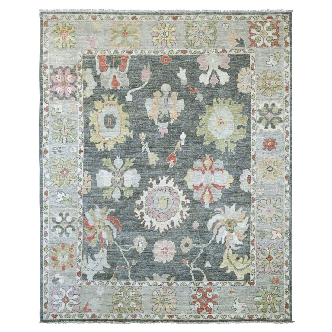 8'x9'9" Gray Afghan Angora Oushak Leaf Design Hand Knotted Pure Wool Rug: 8'x9'9" Gray Afghan Angora Oushak Leaf Design Hand Knotted Pure Wool Rug The Oushak Leaf Design Hand Knotted Pure Wool Rug boasts an intricate floral pattern in shades of grey, pink, yellow, and red,