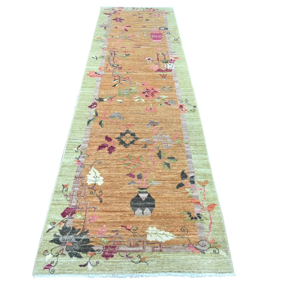 3'x10'2" Brown Chinese Art Deco Inspired Hand Knotted Soft Wool Runner Rug: 3'x10'2" Brown Chinese Art Deco Inspired Hand Knotted Soft Wool Runner Rug Brown Chinese Art Deco Inspired Hand Knotted Soft Wool Runner Rug, measuring 3'0" x 10'2" with a hand-knotted wool pile and a