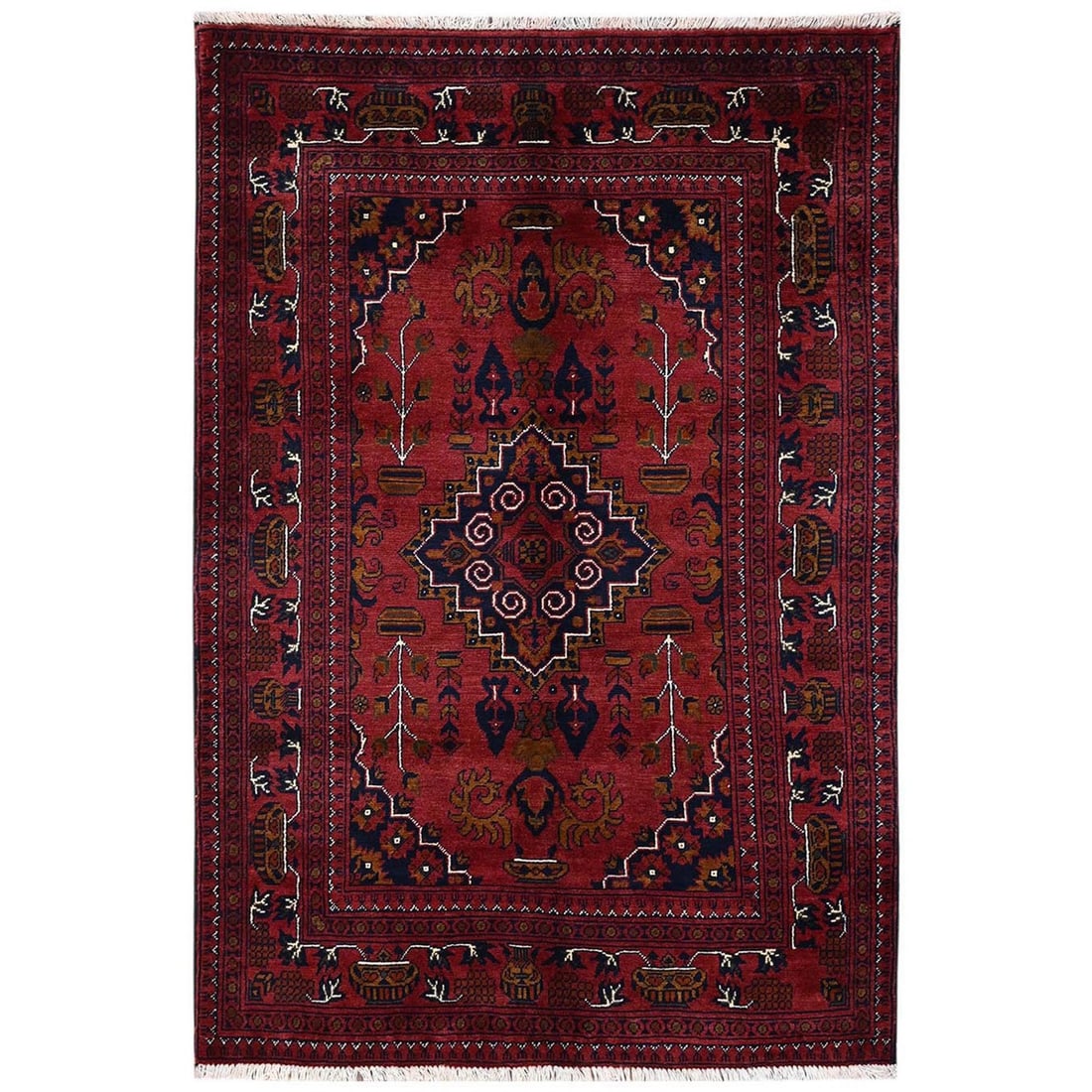 3'4"x5'1" Red Hand Knotted Afghan Andkhoy with Geometric Medallion Wool Rug: 3'4"x5'1" Red Hand Knotted Afghan Andkhoy with Geometric Medallion Wool Rug The Andkhoy type hand knotted Afghan rug boasts a striking red color and intricate geometric medallion pattern, set against
