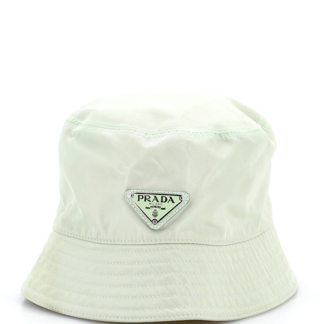 Logo Bucket Prada Hat Nylon: Logo Bucket Prada Hat Nylon The Prada Logo Bucket Hat in green features a striking logo design on its exterior, made from durable nylon. Measuring 37.7 inches around the head circumference, this hat o
