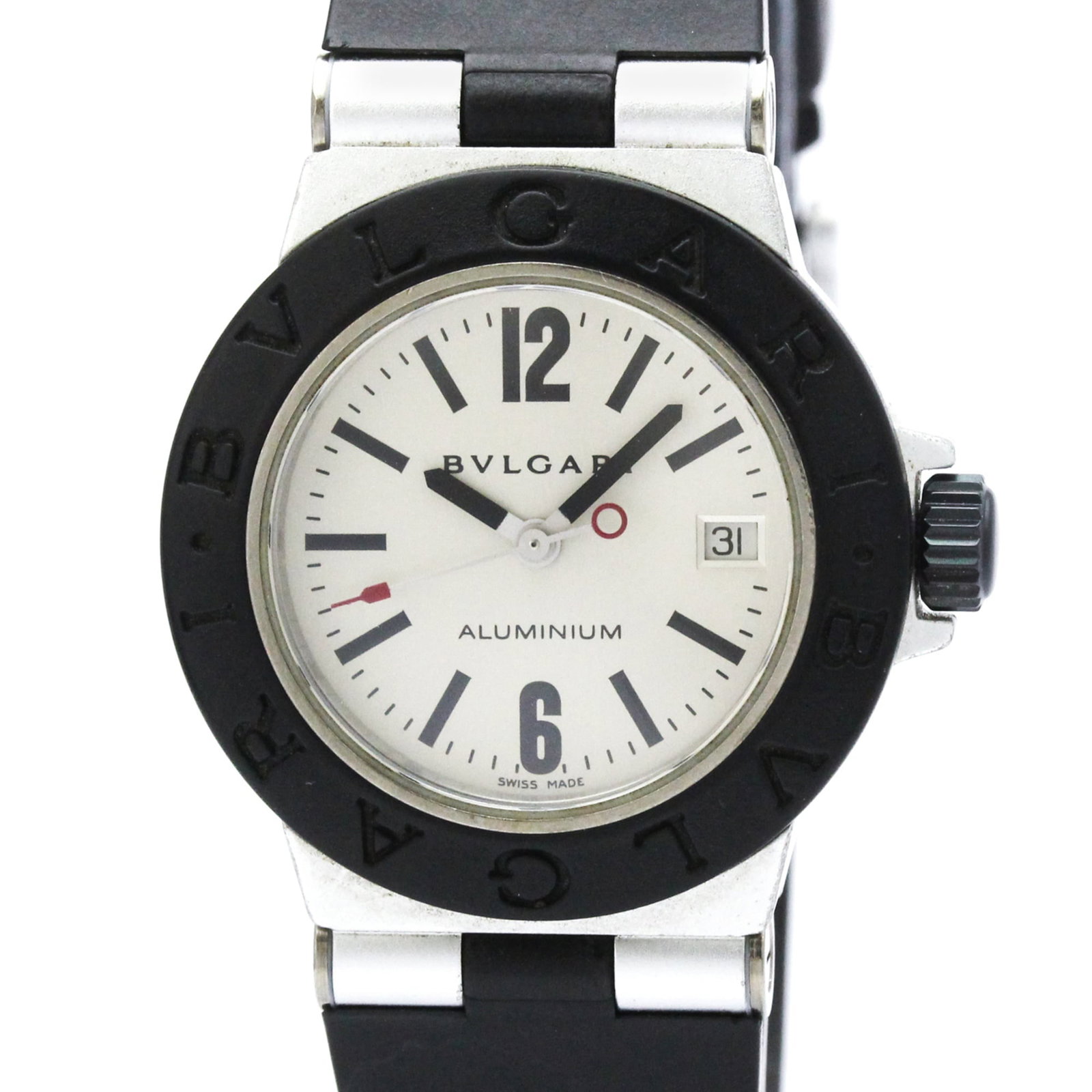 Bvlgari Wristwatch: Bvlgari Wristwatch The Bvlgari wristwatch boasts an aluminum case and rubber band, offering a sporty design. With its silver dial and 29mm diameter, this watch provides a sleek and modern look. The us