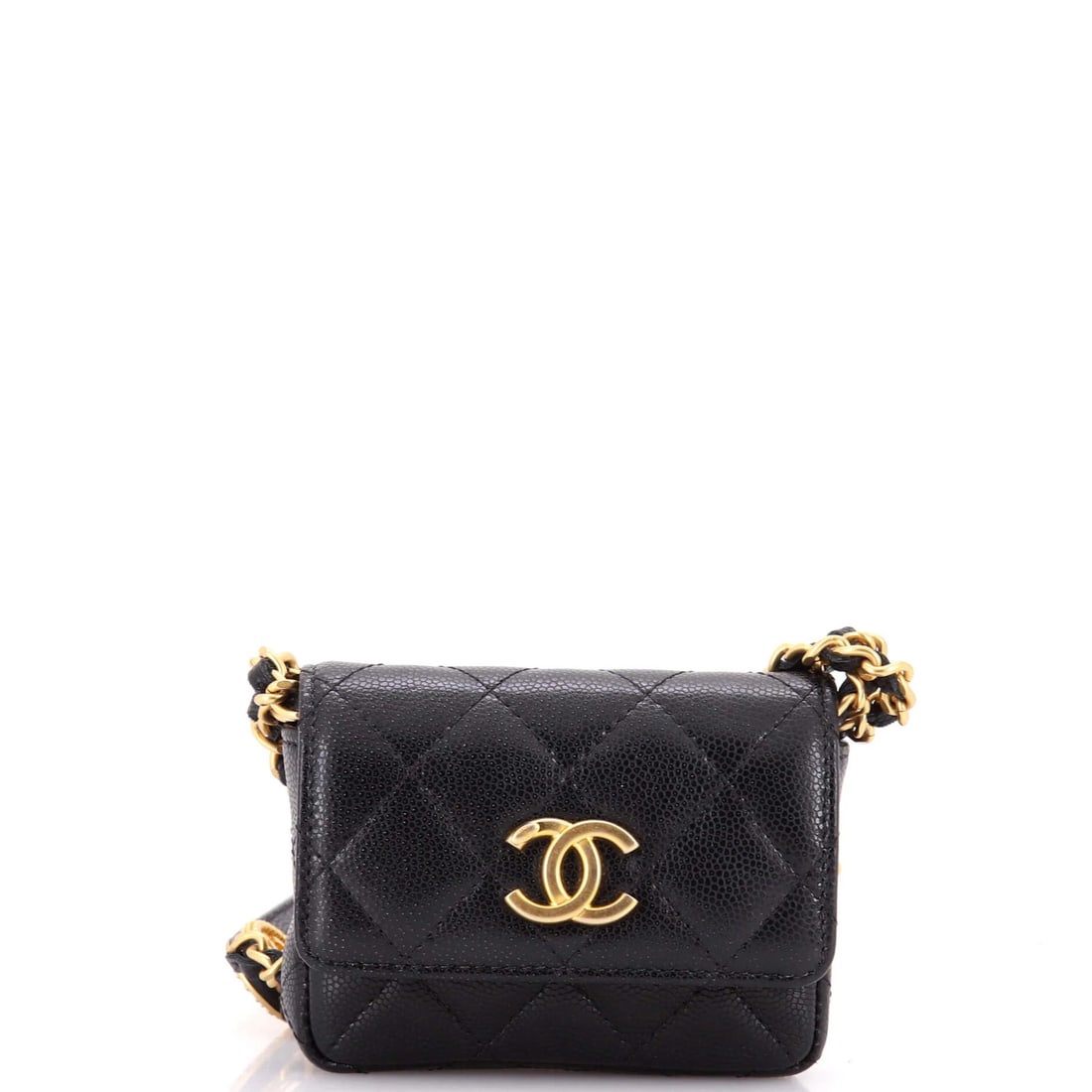 Chanel CC Medallions Quilted Caviar Mini Bag Belt: Chanel CC Medallions Quilted Caviar Mini Bag Belt The CC Medallions Quilted Caviar Mini Bag Belt from Chanel boasts a sleek black leather exterior with minor creases, adding a touch of subtle elegance