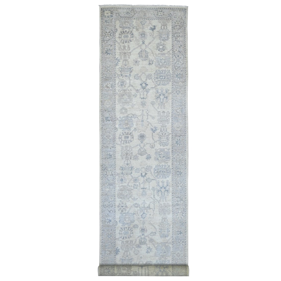 3'9"x19' Ivory Angora Oushak Leaf Design Hand Knotted Pure Wool Runner Rug: 3'9"x19' Ivory Angora Oushak Leaf Design Hand Knotted Pure Wool Runner Rug Hand-knotted in pure wool, this stunning Oushak-style runner rug boasts an intricate floral leaf design in ivory and subtle