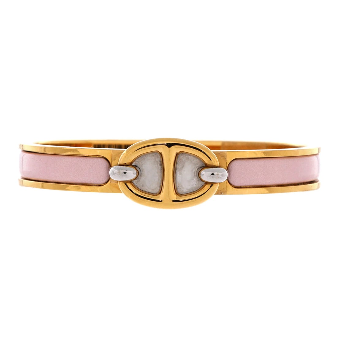 Hermes Mini Clic Chaine d'Ancre Bracelet Metal and Enamel: Hermes Mini Clic Chaine d'Ancre Bracelet Metal and Enamel Gold and pink enamel details adorn the Mini Clic Chaine d'Ancre bracelet, adding visual interest to its metal design. The item features a
