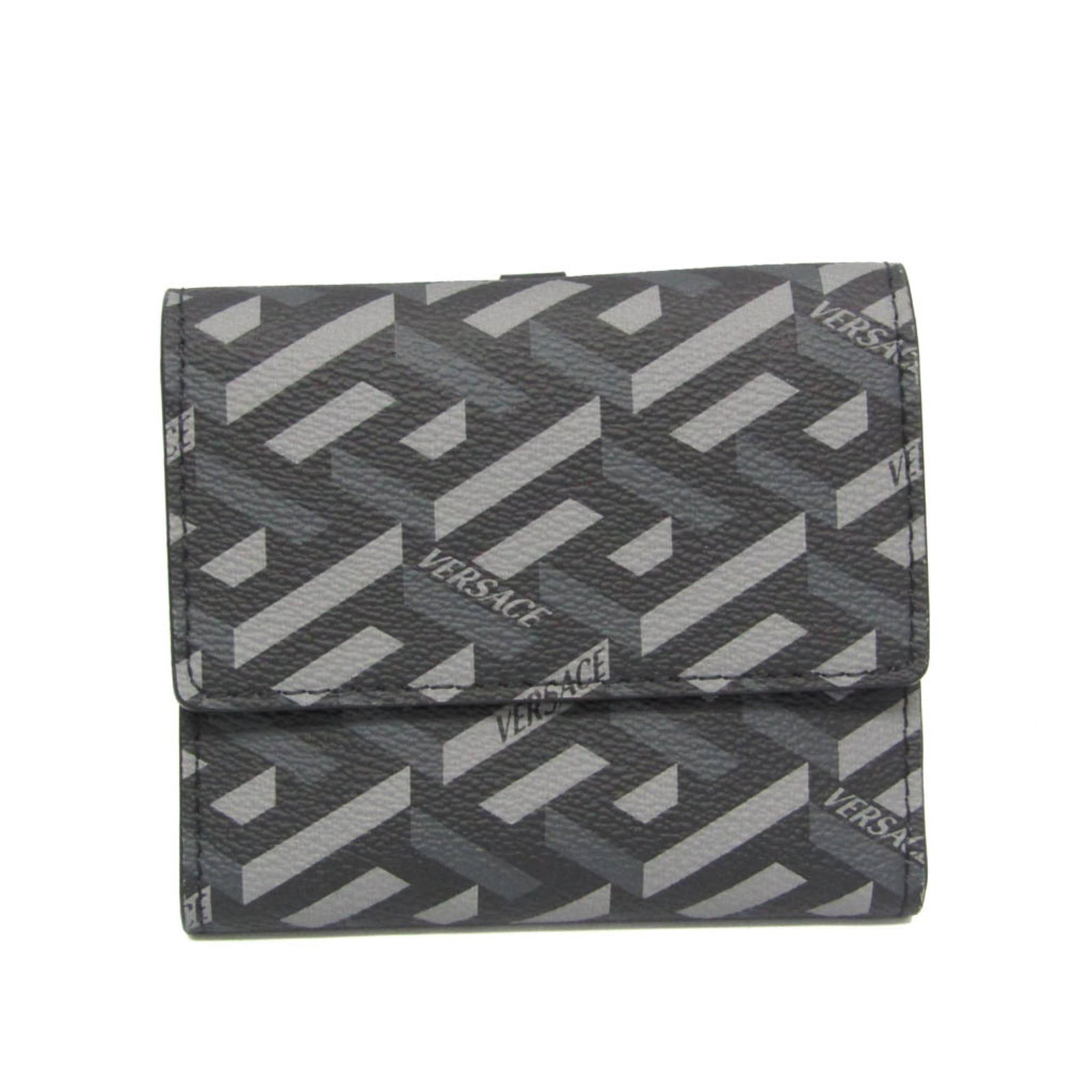 Versace Wallet (Tri-Fold) Pvc Leather: Versace Wallet (Tri-Fold) Pvc Leather Versace Tri-Fold Wallet in Pvc Leather features a sleek design with snap fastener closure, coin purse, and multiple card slots. The black color adds a touch of