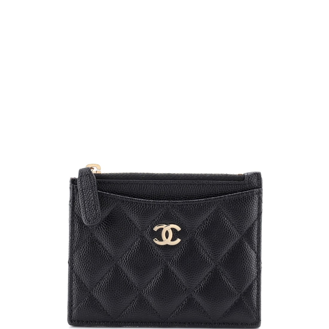 Zip card holder caviar quilted Chanel: Zip card holder caviar quilted Chanel Black quilted caviar leather Chanel wallet with gold hardware, featuring a CC zip card holder design. The exterior shows light creasing and scratches on the