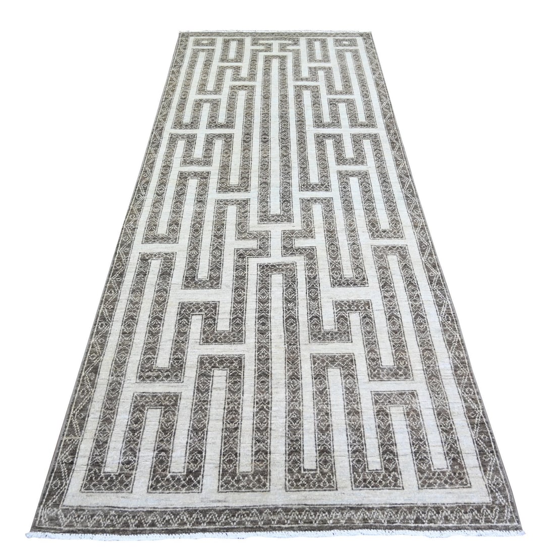 3'10"x9'7" Taupe Brown Hand Knotted Wool Fine Peshawar Oriental Rug: 3'10"x9'7" Taupe Brown Hand Knotted Wool Fine Peshawar Oriental Rug Taupe Brown Hand Knotted Wool Fine Peshawar Oriental Rug measures 3'10" x 9'7" in a stunning brown color with a subtle gray