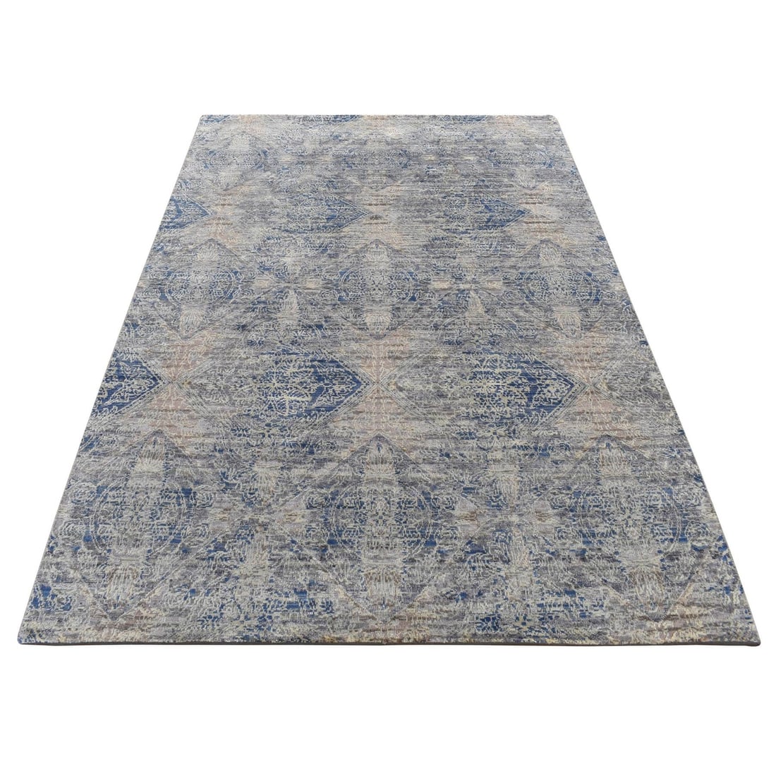 4'9"x7' Gray ERASED ROSSETS Silk with Wool Hand Knotted Rug: 4'9"x7' Gray ERASED ROSSETS Silk with Wool Hand Knotted Rug The Erased Rossets rug boasts a striking grey field with intricate hand-knotted wool and silk details, creating a unique and visually