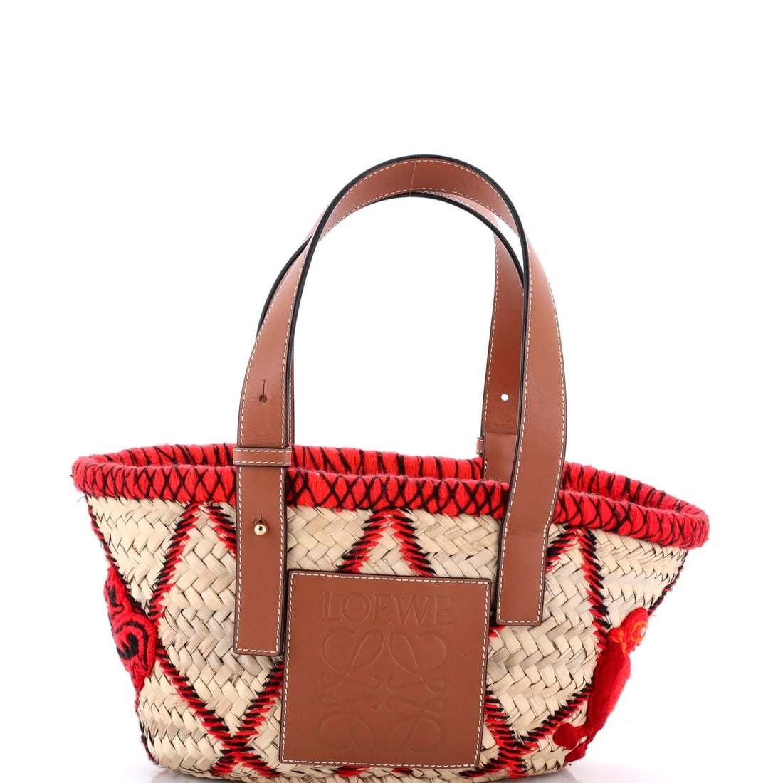 Raffia Embroidered Loewe Basket Medium Tote: Raffia Embroidered Loewe Basket Medium Tote Raffia Embroidered Loewe Basket Medium Tote - A stylish and unique medium tote with an embroidered raffia exterior in a neutral tone, complemented by a