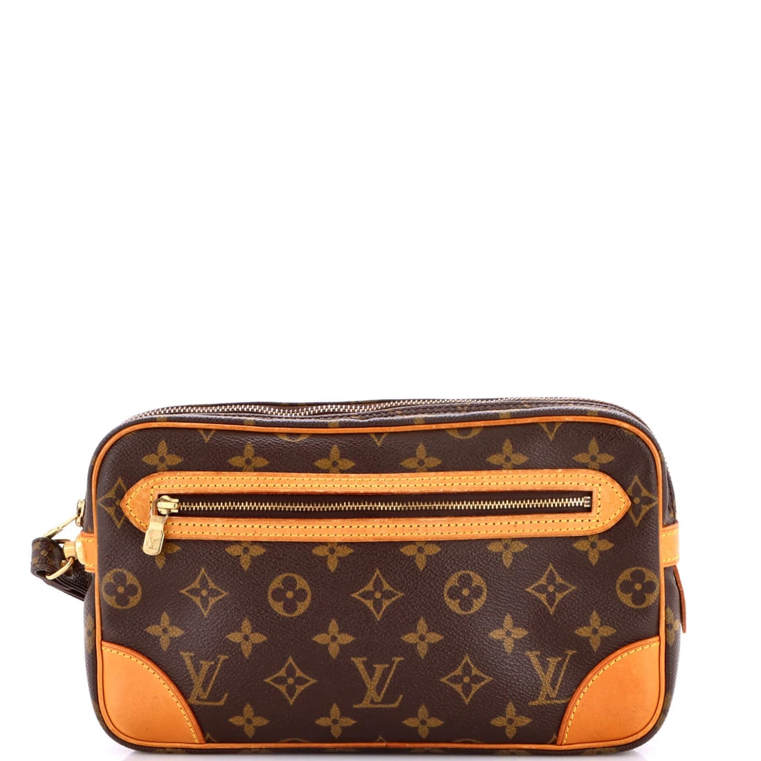 Louis Vuitton Marly Dragonne Clutch Monogram Canvas GM: Louis Vuitton Marly Dragonne Clutch Monogram Canvas GM Brown Louis Vuitton Marly Dragonne Clutch features heavy edge wear, scuffs, and minor creases on its exterior. The interior is made of leather