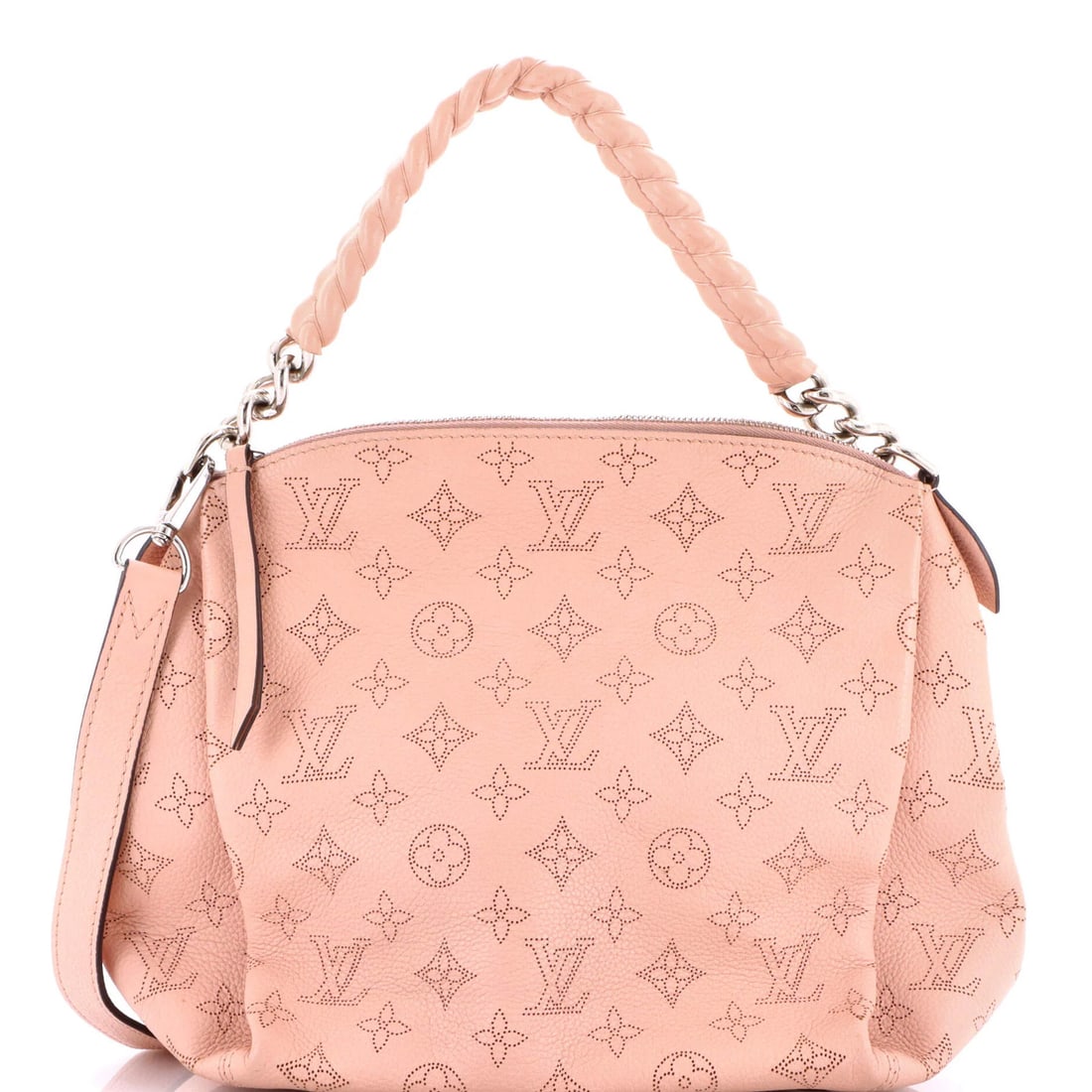 Louis Vuitton Babylone Handbag Mahina Leather BB: Louis Vuitton Babylone Handbag Mahina Leather BB The Louis Vuitton Babylone Handbag Mahina Leather BB features a striking pink exterior with subtle creases, corner wear, and minor scuffs. Measuring 9"