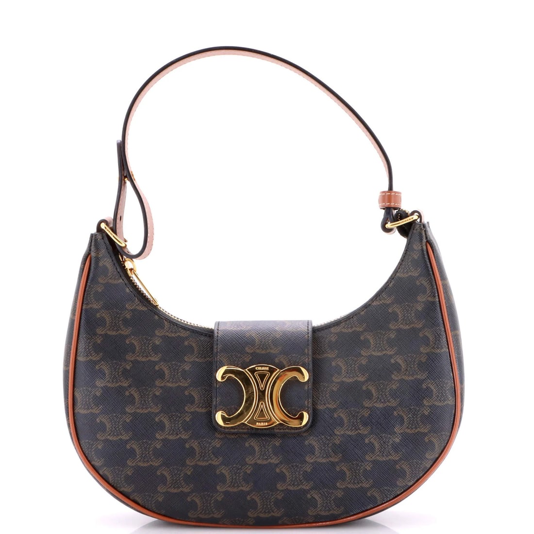 Canvas coated bag triomphe Celine Ava: Canvas coated bag triomphe Celine Ava Canvas coated bag with Triomphe Celine Ava design, featuring brown exterior and interior, gold hardware, and scuffs on handles. Minor creases and edge wear are pr