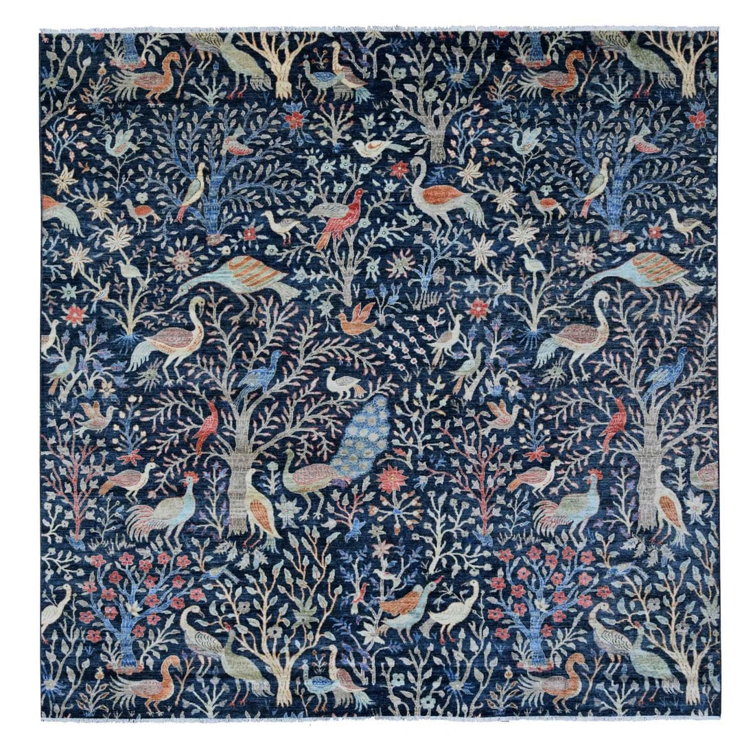 10'1"x10'1" Blue Hand Knotted Peshawar Birds Design Shiny Wool Square Rug: 10'1"x10'1" Blue Hand Knotted Peshawar Birds Design Shiny Wool Square Rug This stunning Blue Hand Knotted Peshawar Birds Design Shiny Wool Square Rug boasts an intricate Oriental Regional design,