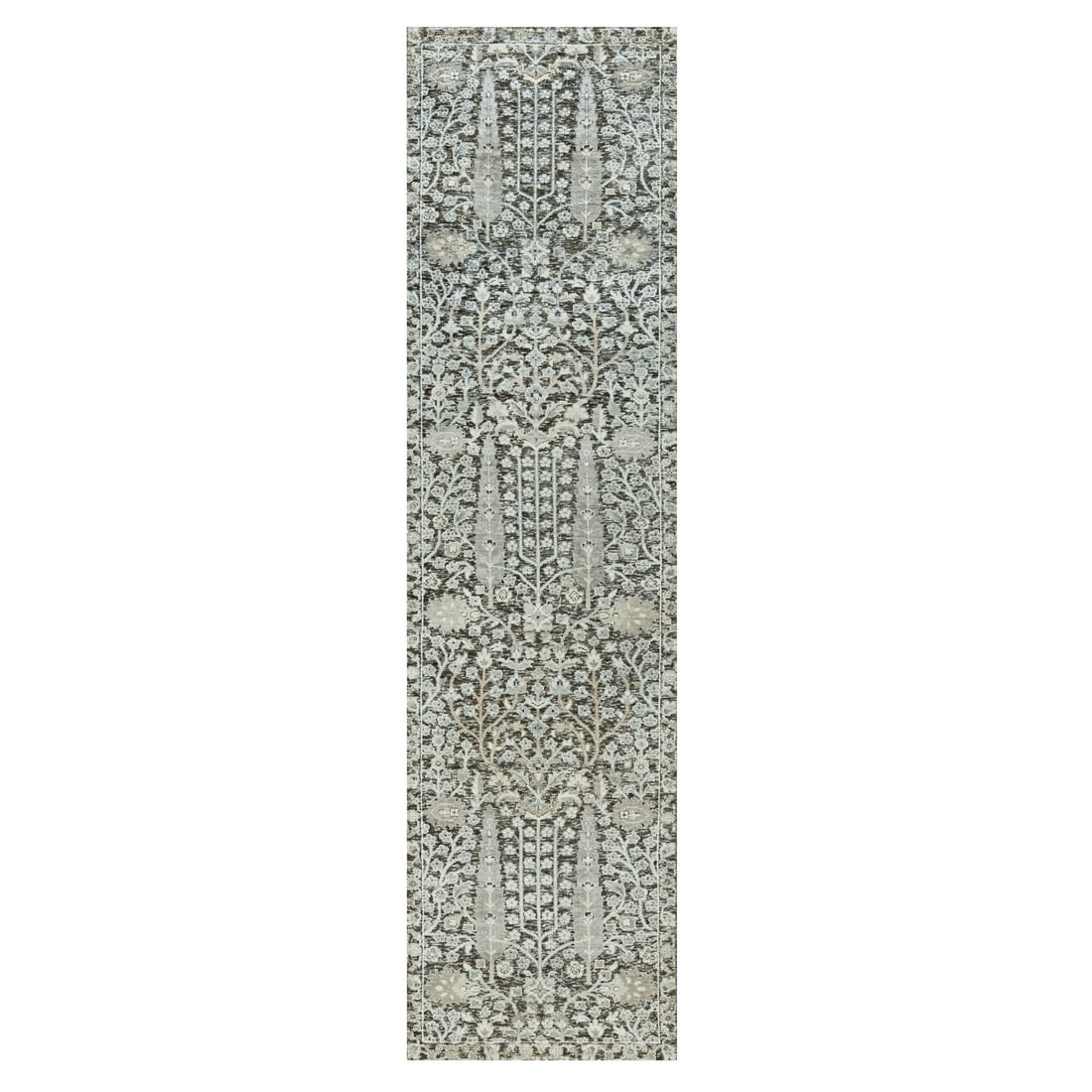 2'6"x9'10" Gray Hand Knotted Silk and Wool Willow Cypress Tree Runner Rug: 2'6"x9'10" Gray Hand Knotted Silk and Wool Willow Cypress Tree Runner Rug The 2'6"x9'10" Gray Hand Knotted Silk and Wool Willow Cypress Tree Runner Rug boasts an elegant, flatweave design with a